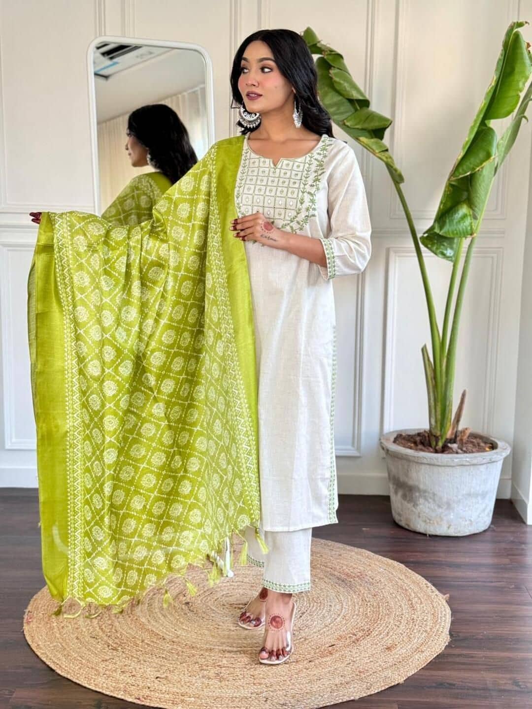 TRAHIMAM Women Cotton Embroidered Straight Kurti With Pants ( White )