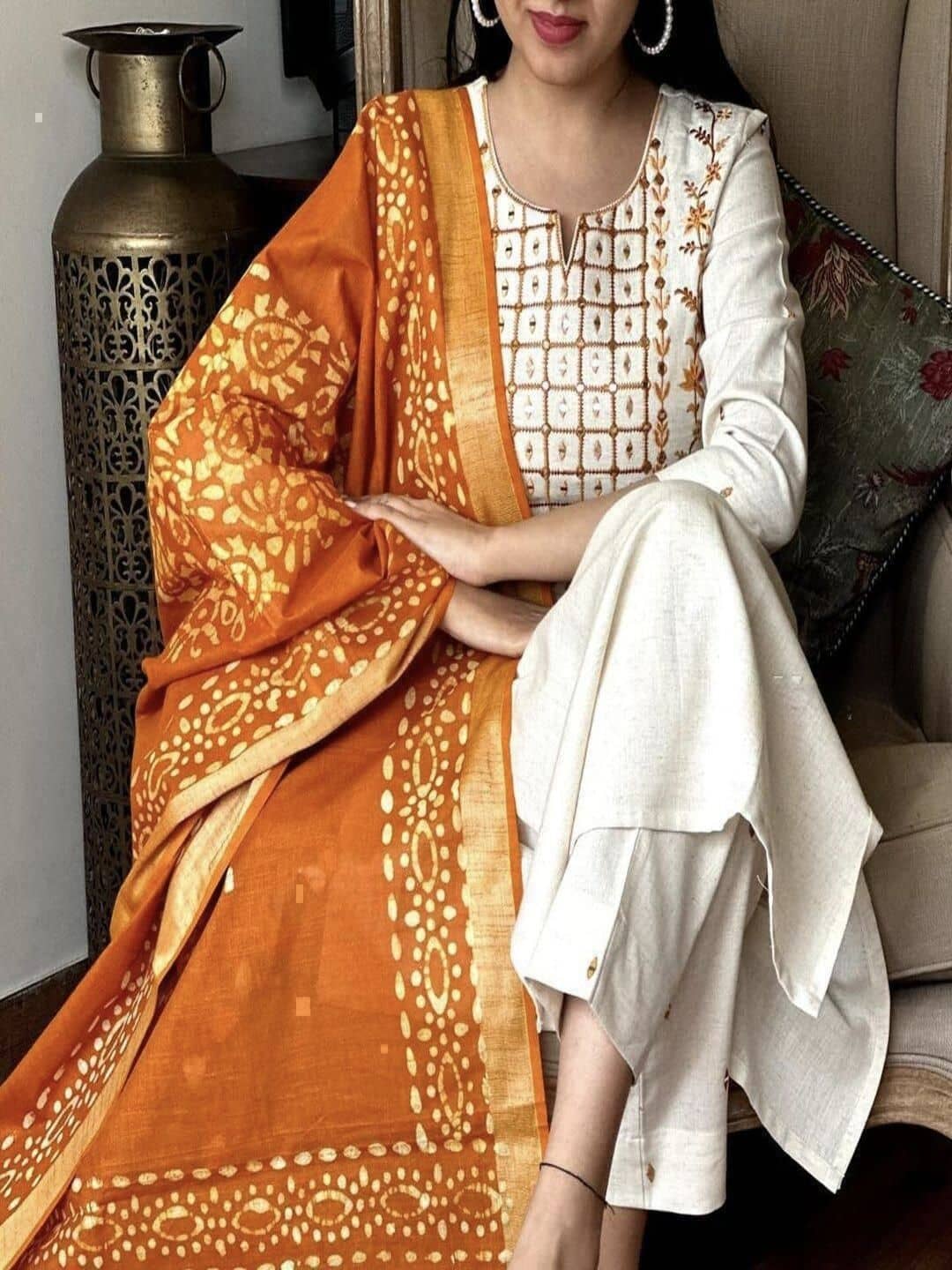 TRAHIMAM Women Cotton Embroidered Straight Kurti With Pants ( White )
