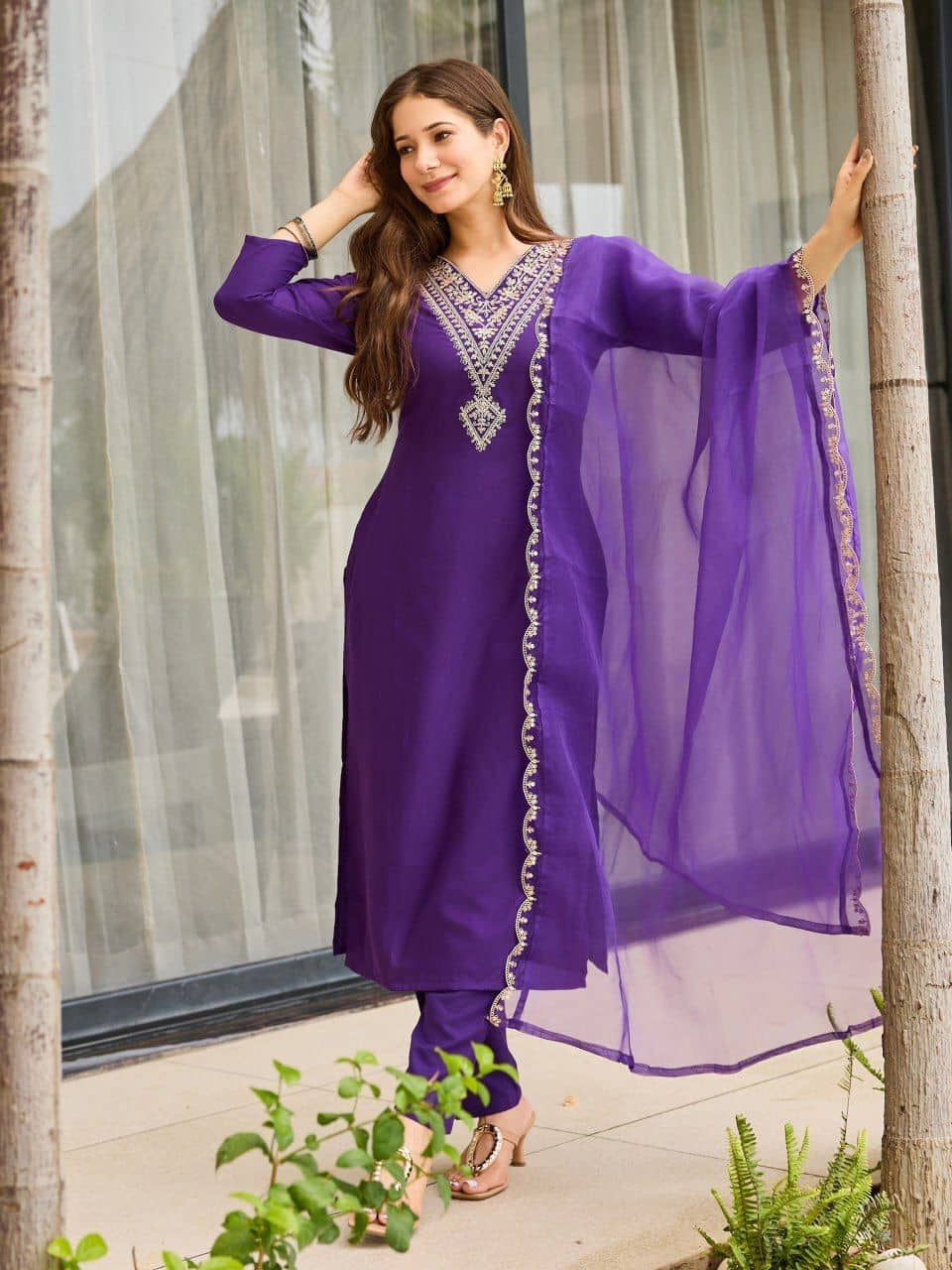 TRAHIMAM Women Viscose Embroidered Straight Kurti With Pants ( Purple )