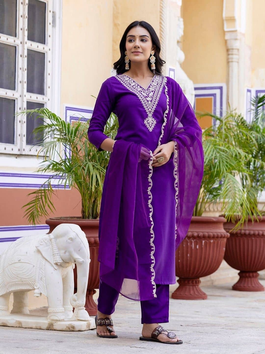 TRAHIMAM Women Viscose Embroidered Straight Kurti With Pants ( Purple )