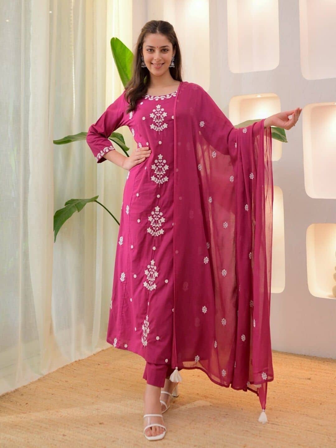 TRAHIMAM Women Viscose Embroidered Straight Kurti With Pants ( Pink )
