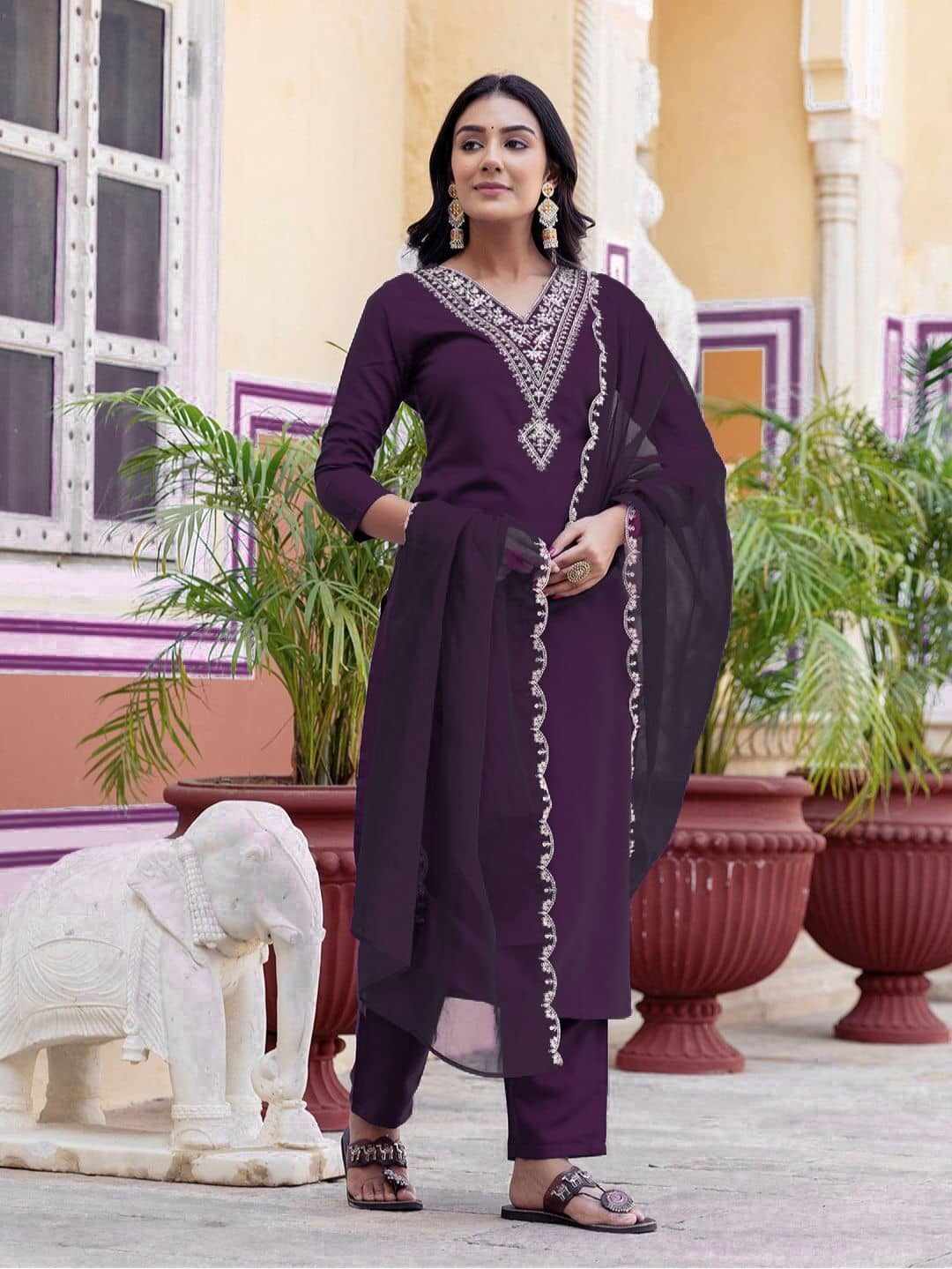 TRAHIMAM Women Viscose Embroidered Straight Kurti With Pants ( Purple )