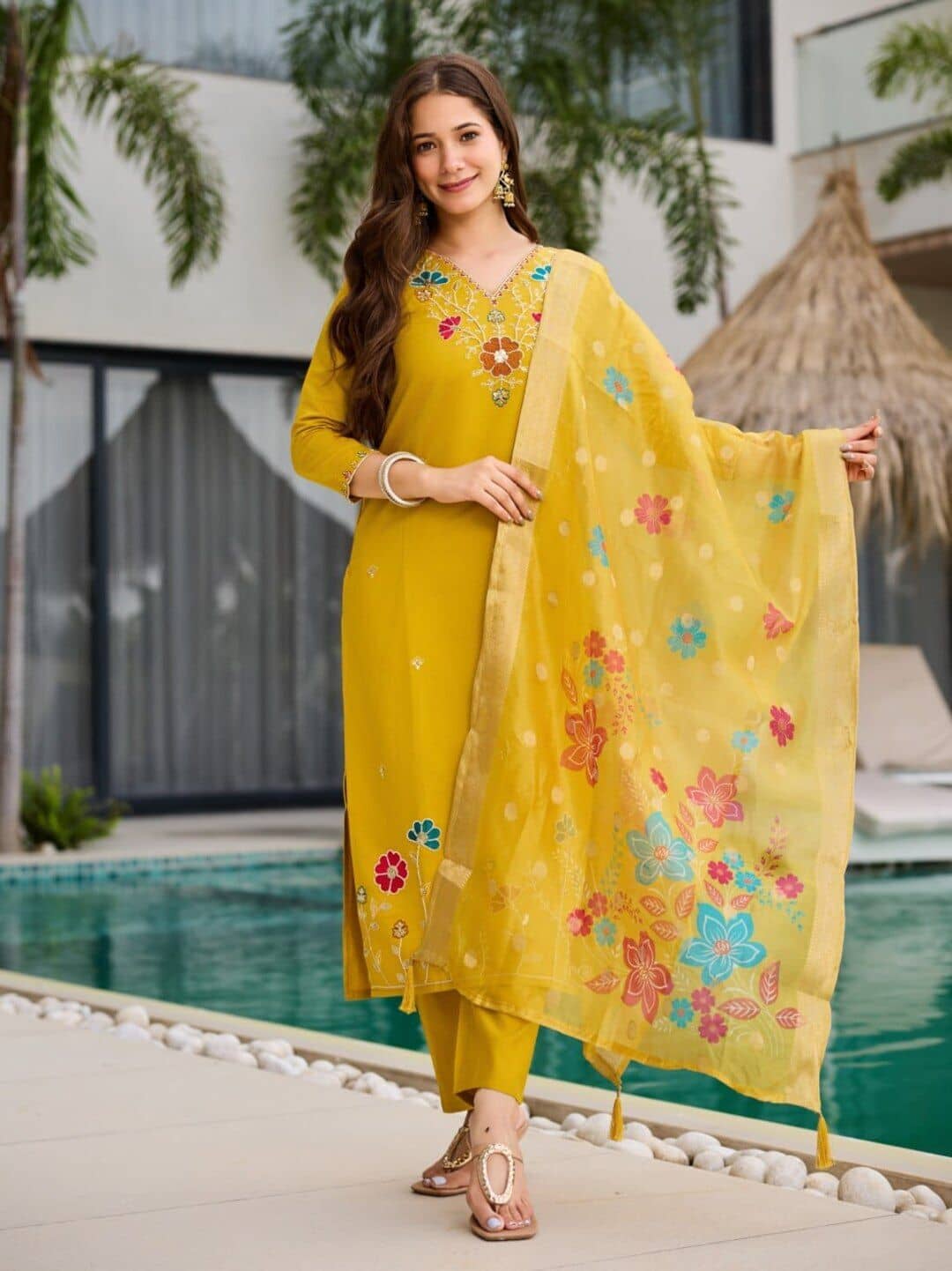 TRAHIMAM Women Viscose Embroidered Straight Kurti With Pants ( Yellow )
