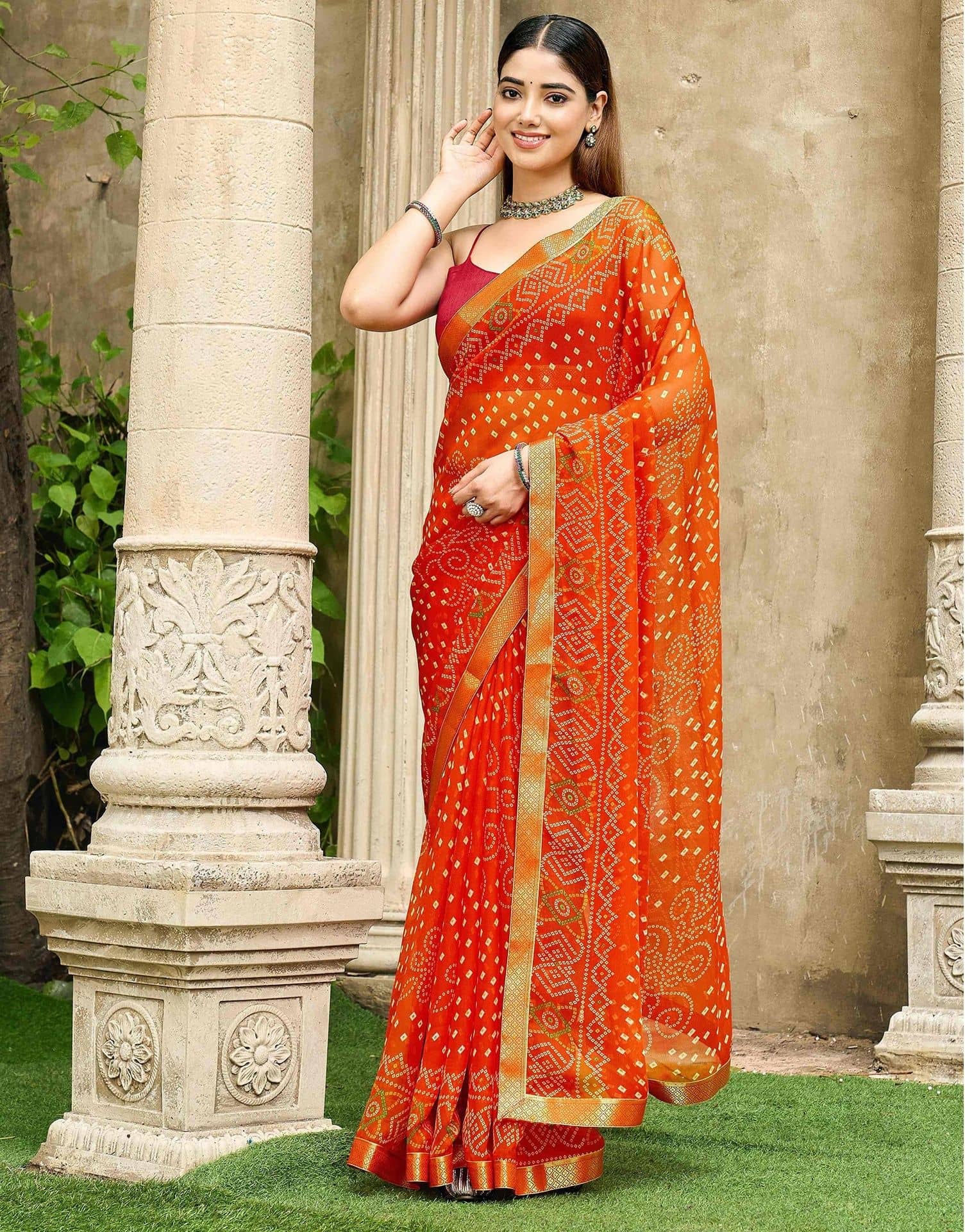 Samah Chiffon Printed Bandhani Sarees With Unstitched Blouse Piece ( Orange ) - Sarees | Buy online on ZillyBuy