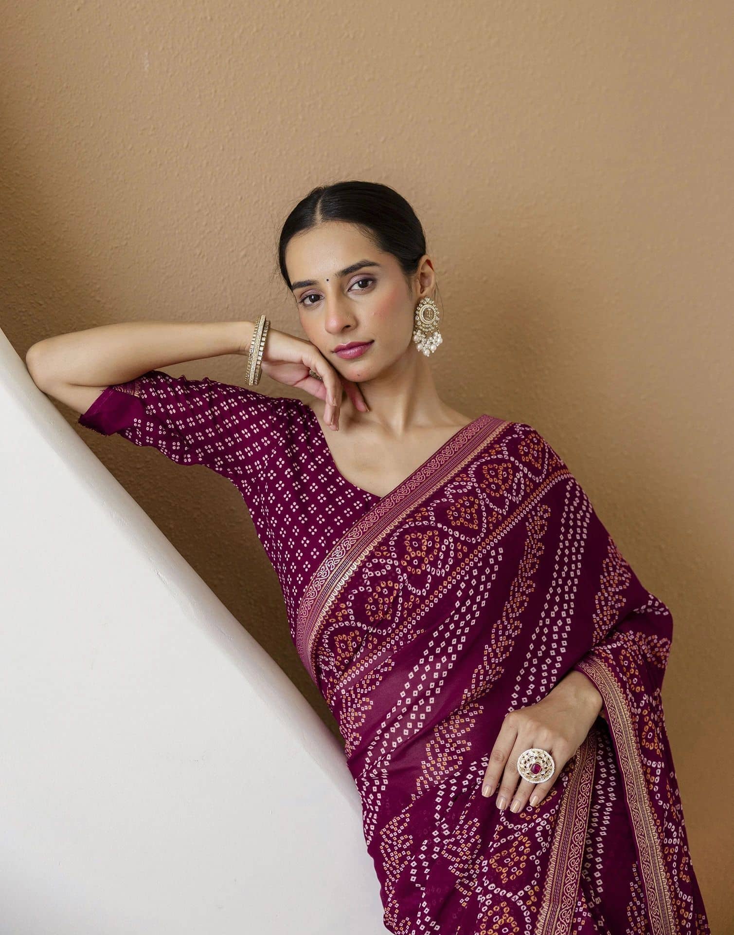 Samah Chiffon Printed Bandhani Sarees With Unstitched Blouse Piece ( Purple ) - Sarees | Buy online on ZillyBuy