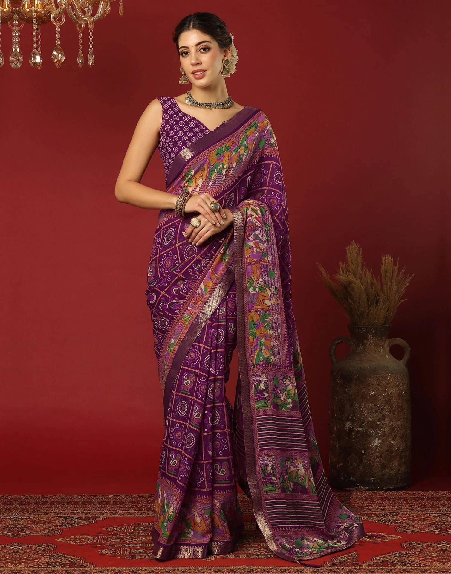 Samah Chiffon Printed Regular Saree With Unstitched Blouse Piece ( Multicolor 3 ) - Sarees | Buy online on ZillyBuy