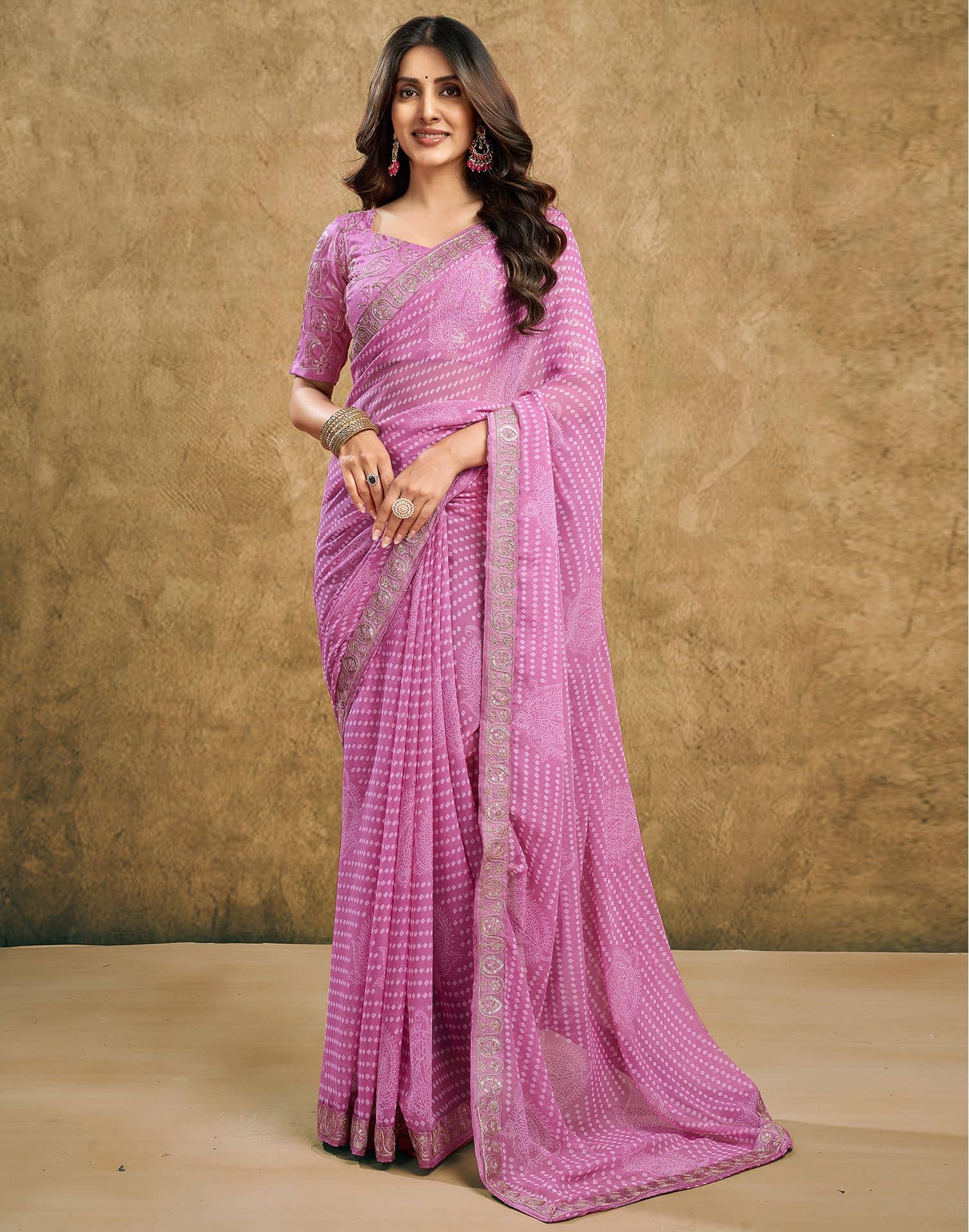 Samah Chiffon Printed Regular Saree With Unstitched Blouse Piece ( Pink ) - Sarees | Buy online on ZillyBuy