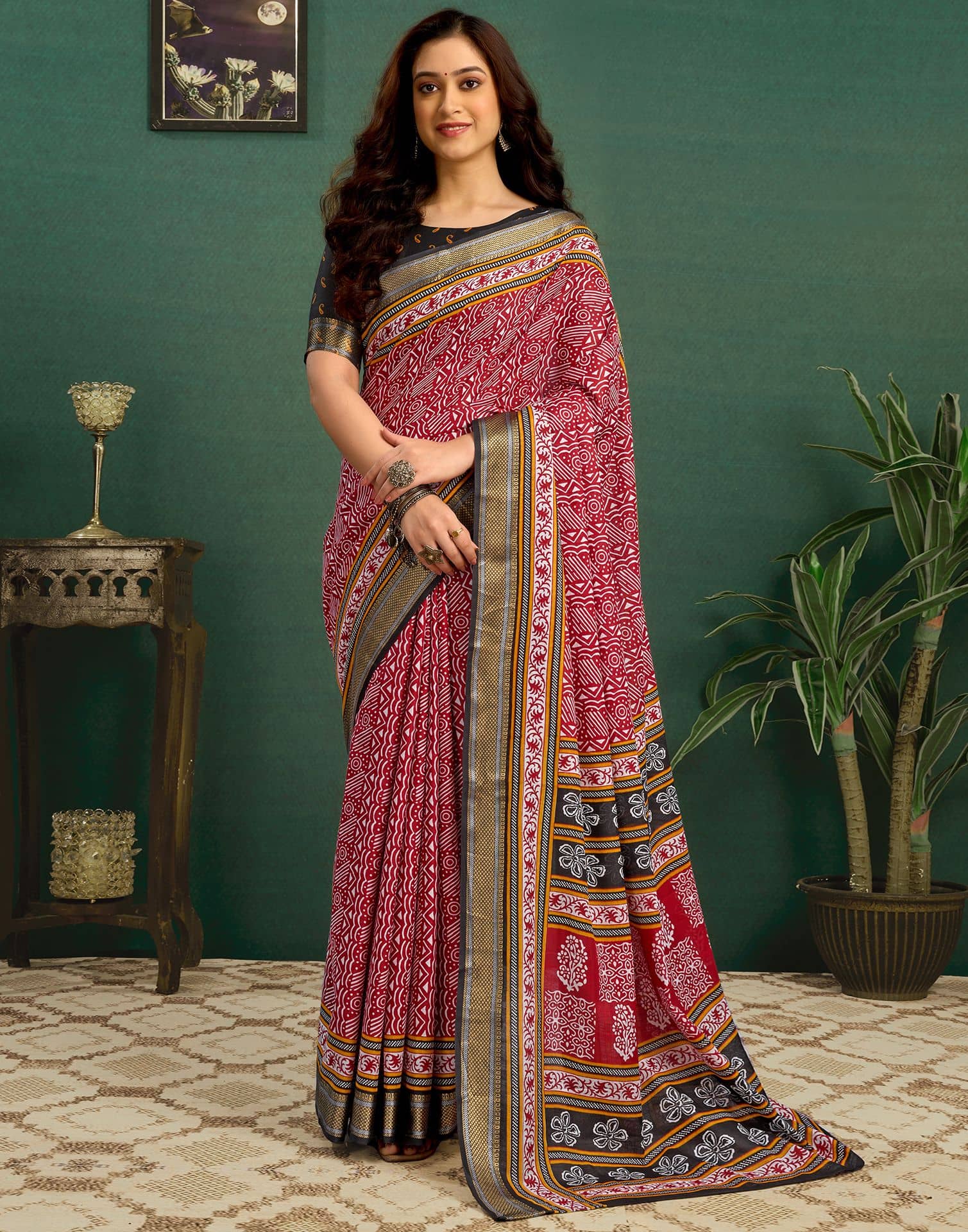 Samah Cotton Printed Regular Saree With Unstitched Blouse Piece ( Red ) - Sarees | Buy online on ZillyBuy