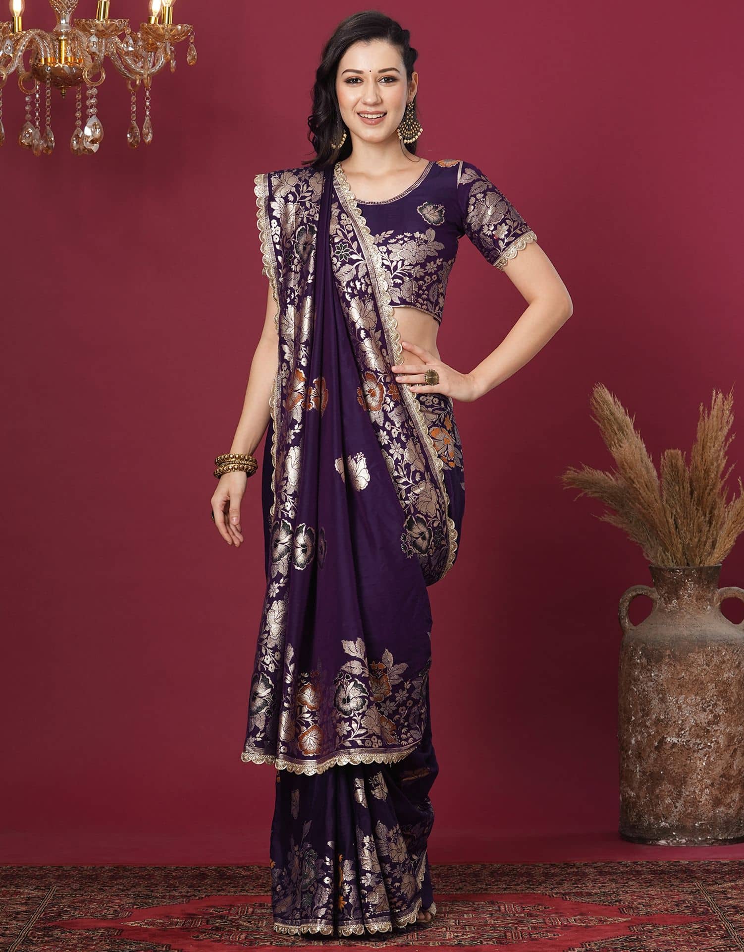 Samah Cotton Silk Woven Banarasi saree With Unstitched Blouse Piece ( Purple ) - Sarees | Buy online on ZillyBuy