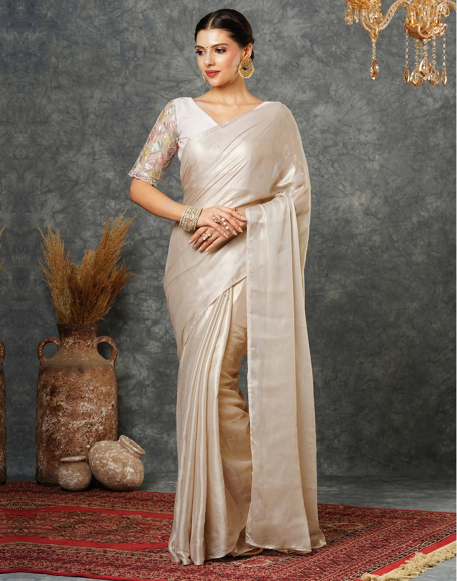 Samah Georgette Dyed Regular Saree With Unstitched Blouse Piece ( Beige ) - Sarees | Buy online on ZillyBuy