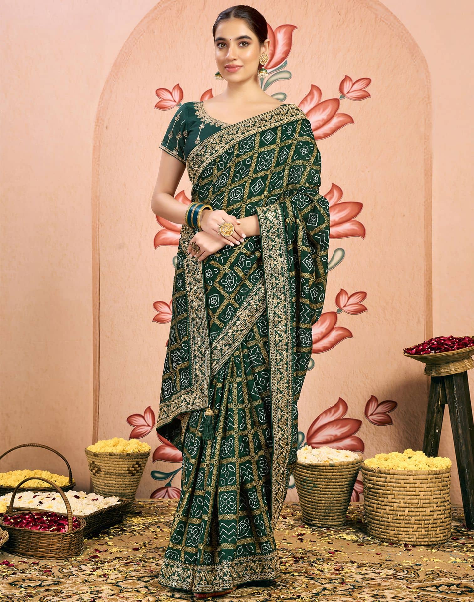 Samah Georgette Embellished Bandhani Sarees With Unstitched Blouse Piece ( Multicolor 1 ) - Sarees | Buy online on ZillyBuy