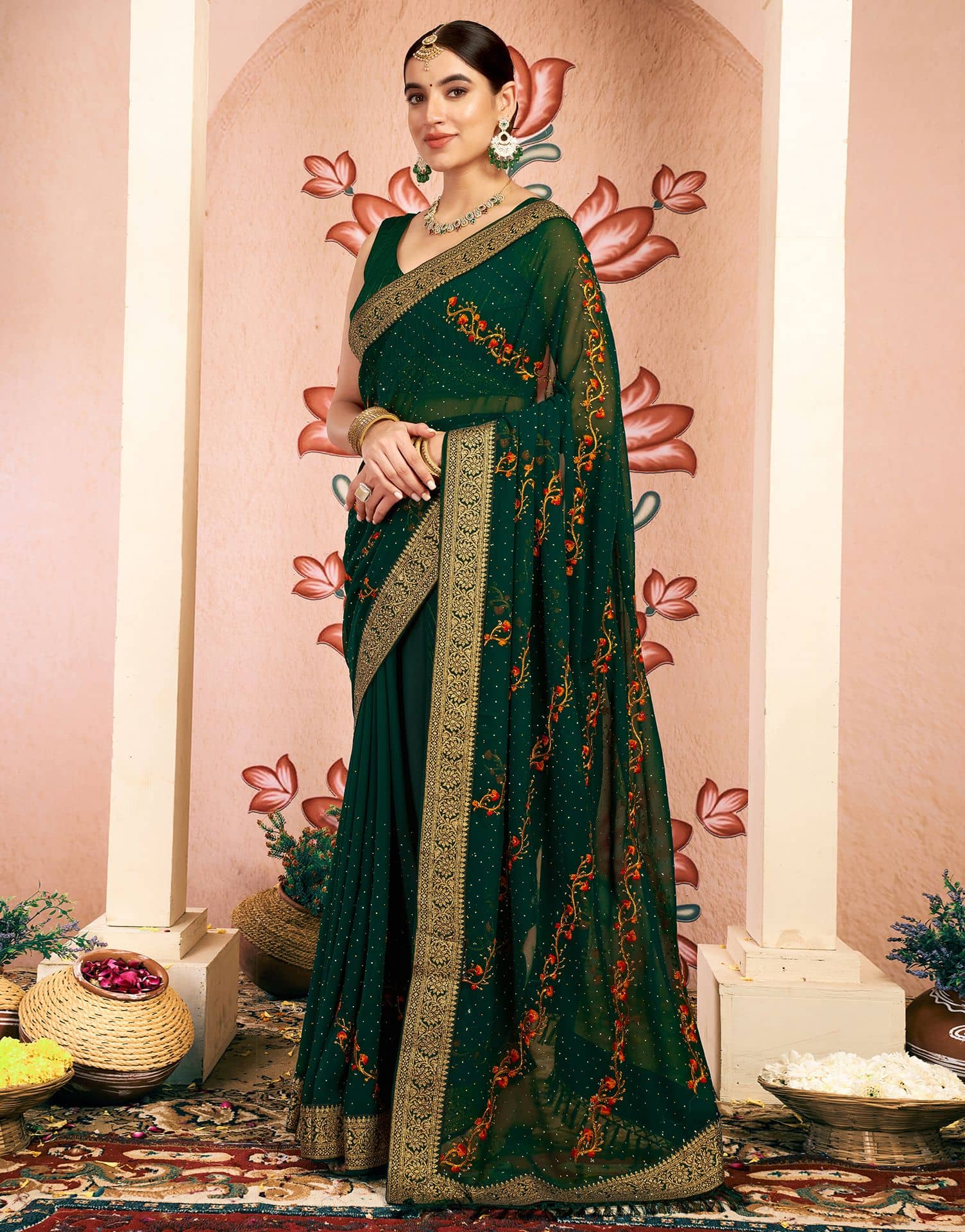 Samah Georgette Embroidered Regular Saree With Unstitched Blouse Piece ( Green ) - Sarees | Buy online on ZillyBuy