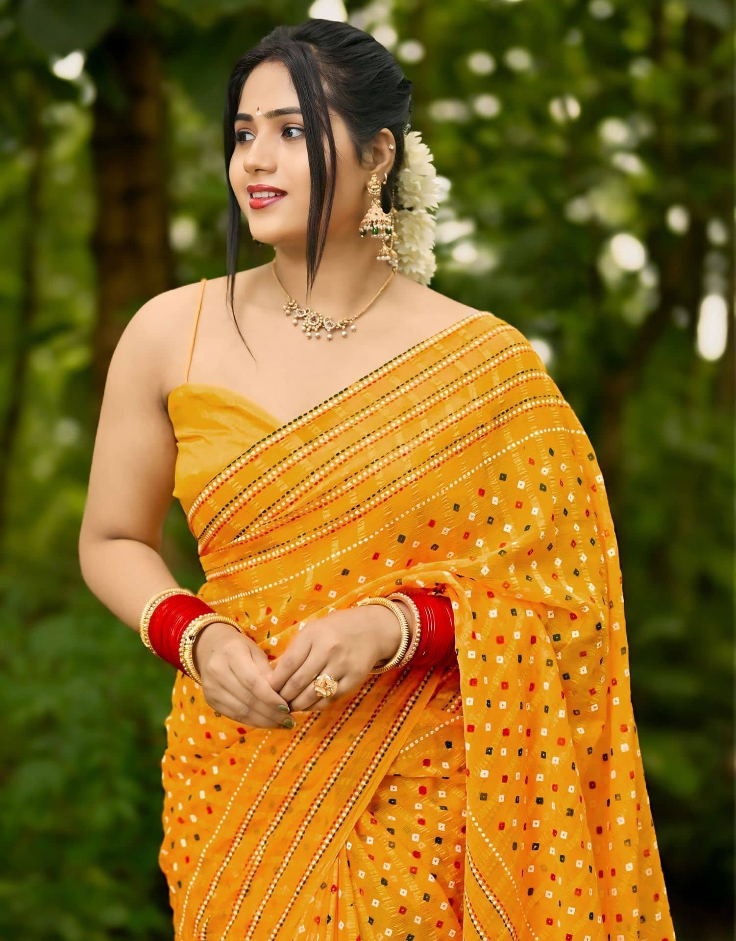 Samah Georgette Printed Bandhani Sarees With Unstitched Blouse Piece ( Yellow ) - Sarees | Buy online on ZillyBuy