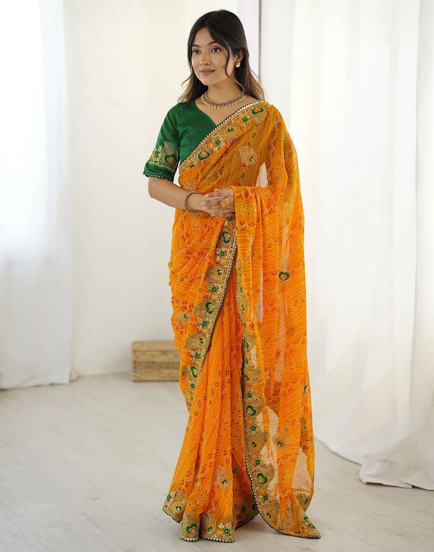 Samah Georgette Printed Bandhani Sarees With Unstitched Blouse Piece ( Yellow ) - Sarees | Buy online on ZillyBuy
