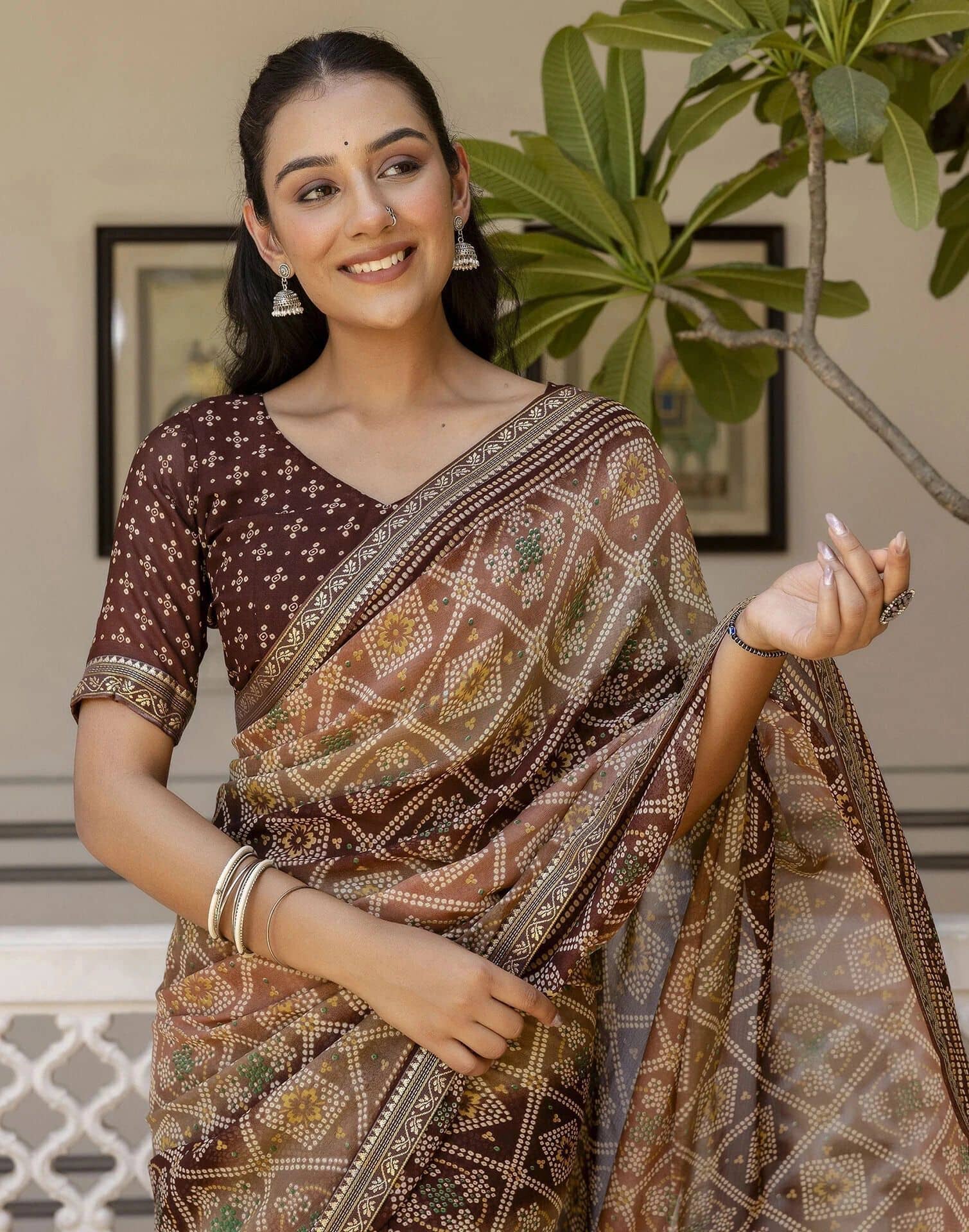 Samah Georgette Printed Bandhani Sarees With Unstitched Blouse Piece ( Brown ) - Sarees | Buy online on ZillyBuy