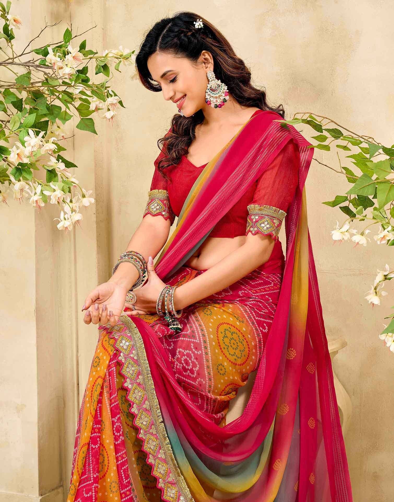 Samah Georgette Printed Bandhani Sarees With Unstitched Blouse Piece ( Multicolor ) - Sarees | Buy online on ZillyBuy