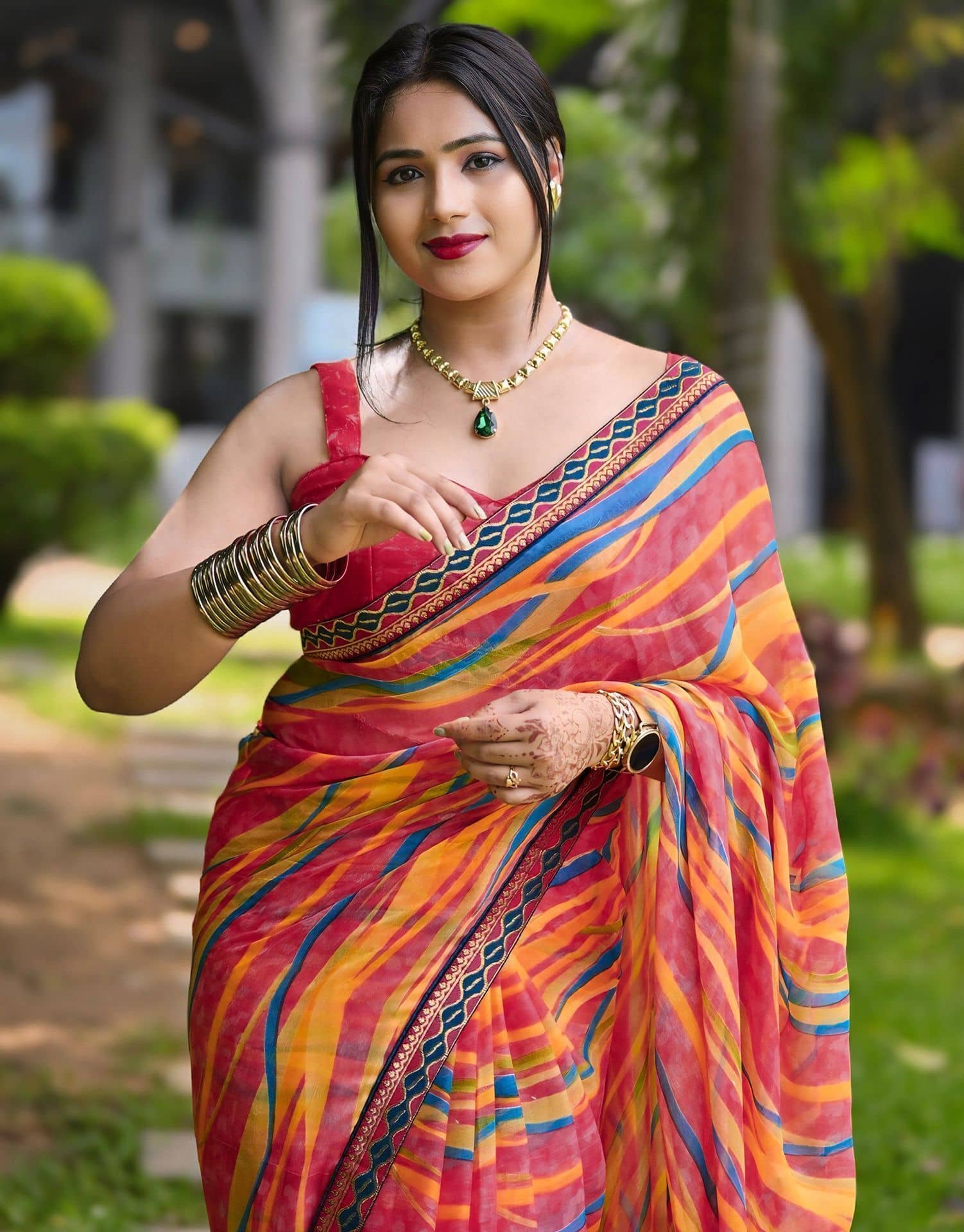 Samah Georgette Printed Regular Saree With Unstitched Blouse Piece ( Multicolor 2 ) - Sarees | Buy online on ZillyBuy