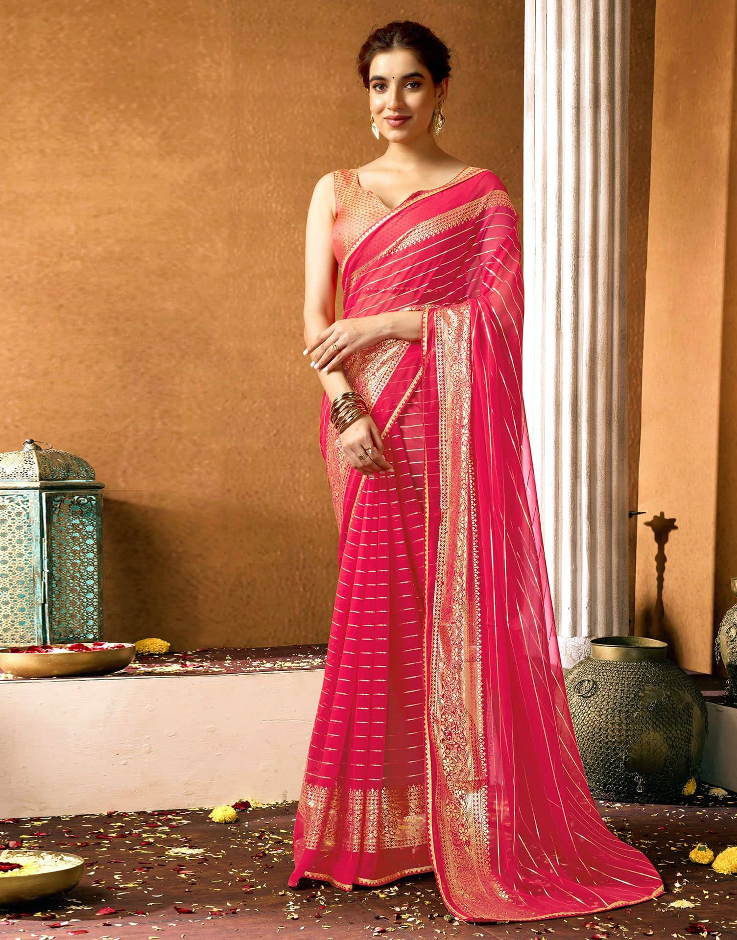Samah Georgette Printed Regular Saree With Unstitched Blouse Piece ( Pink ) - Sarees | Buy online on ZillyBuy