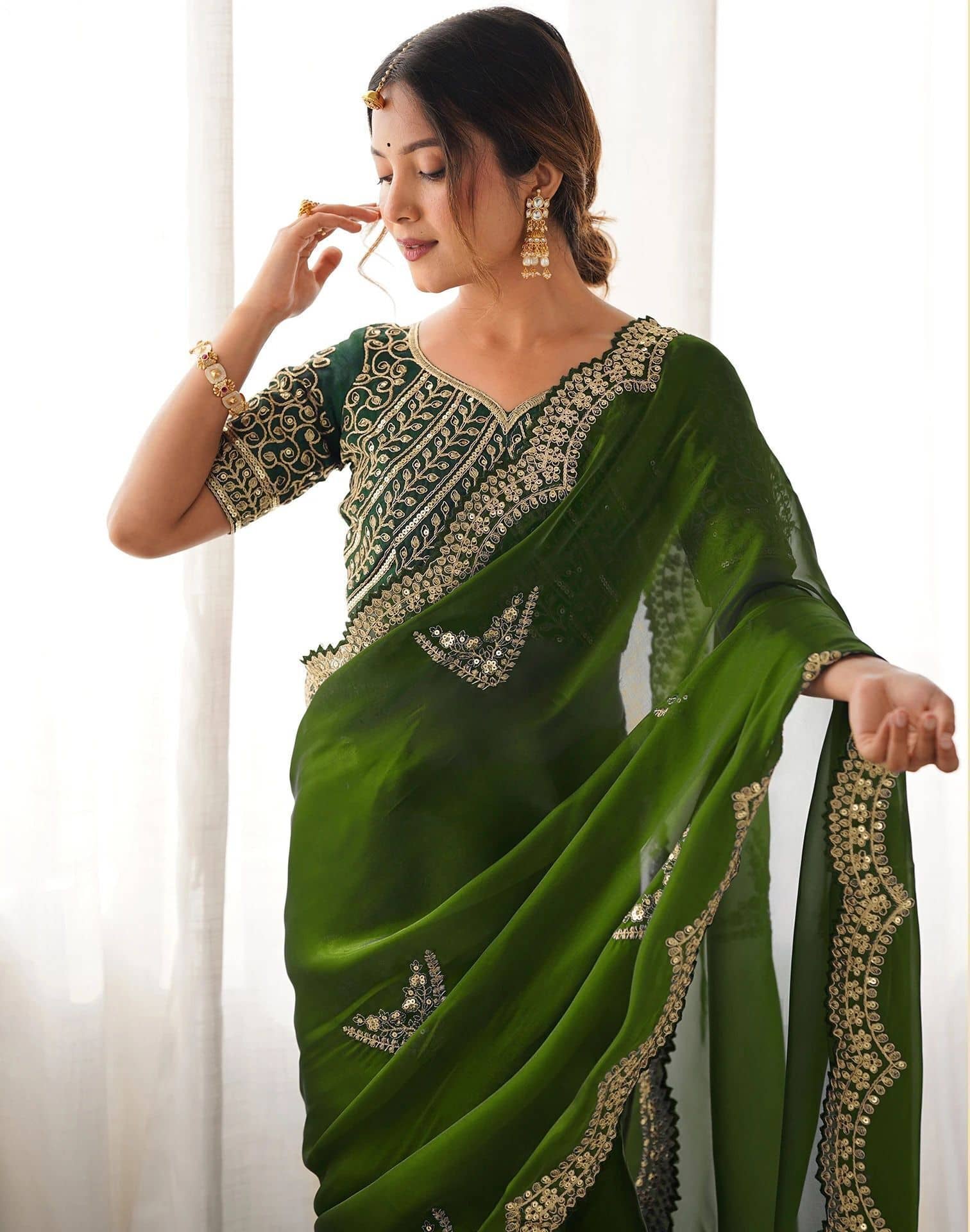 Samah Organza Embellished Regular Saree With Unstitched Blouse Piece ( Multicolor 3 ) - Sarees | Buy online on ZillyBuy