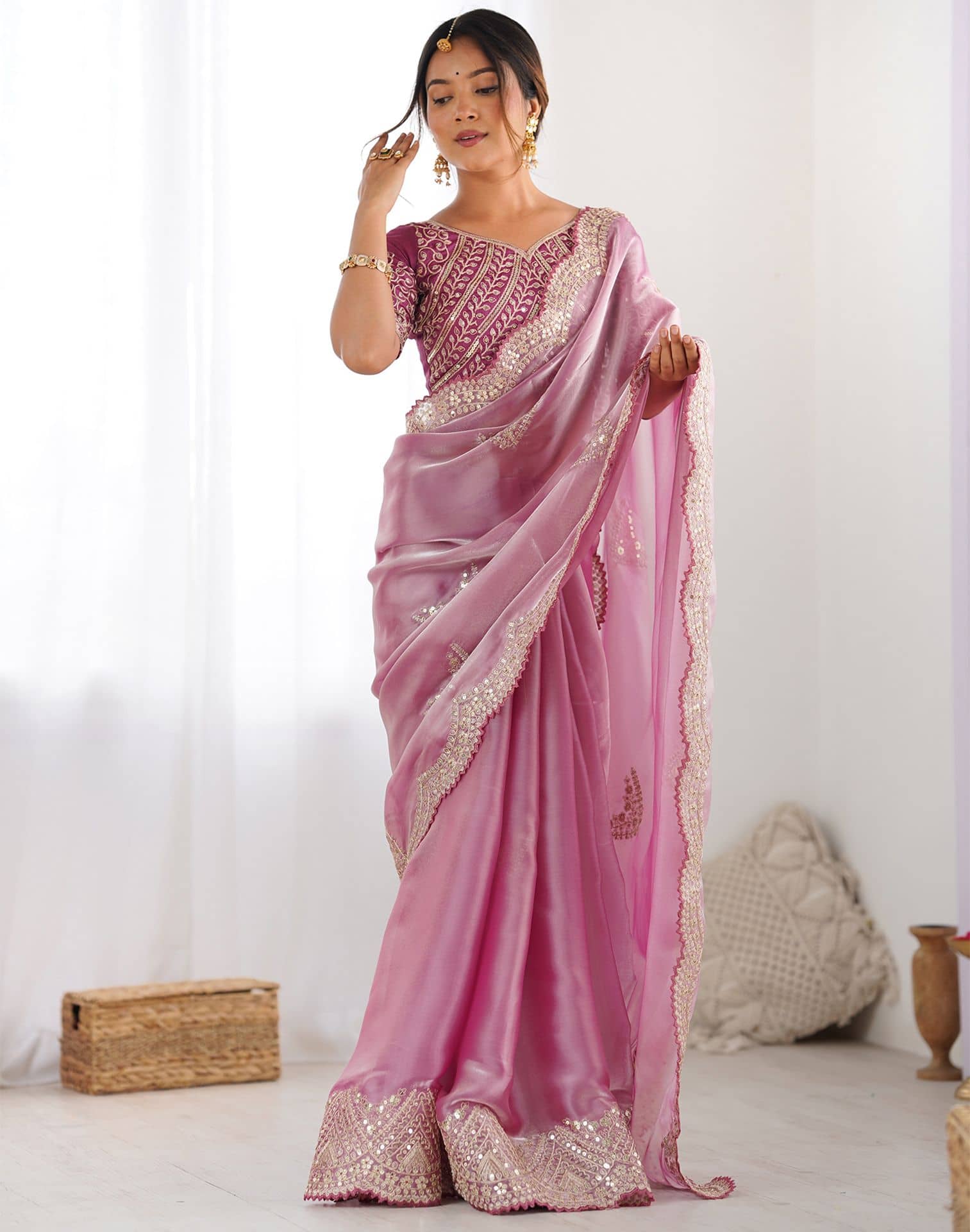 Samah Tissue Embroidered Regular Saree With Unstitched Blouse Piece ( Blue ) - Sarees | Buy online on ZillyBuy