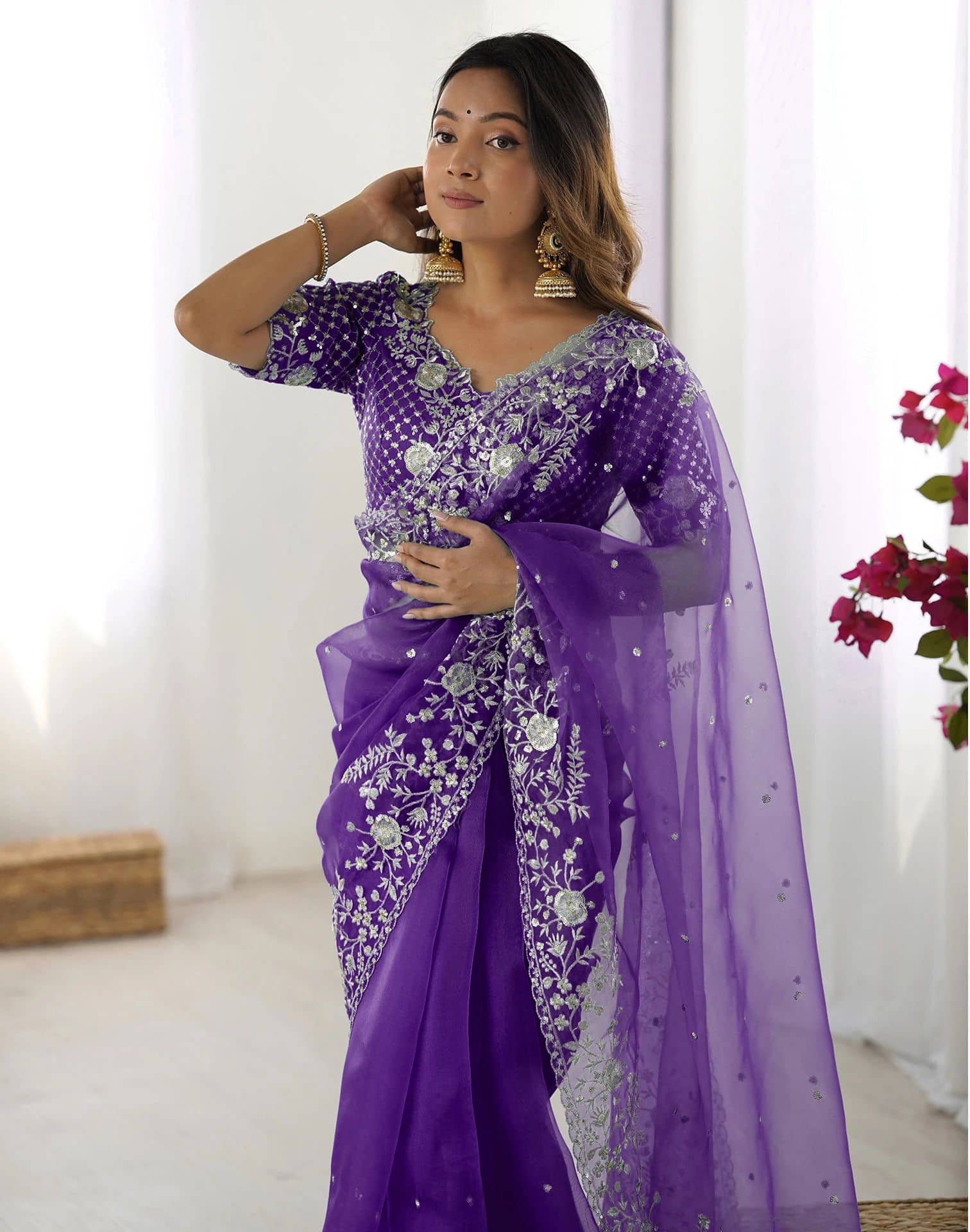 Samah Organza Embroidered Regular Saree With Unstitched Blouse Piece ( Multicolor ) - Sarees | Buy online on ZillyBuy