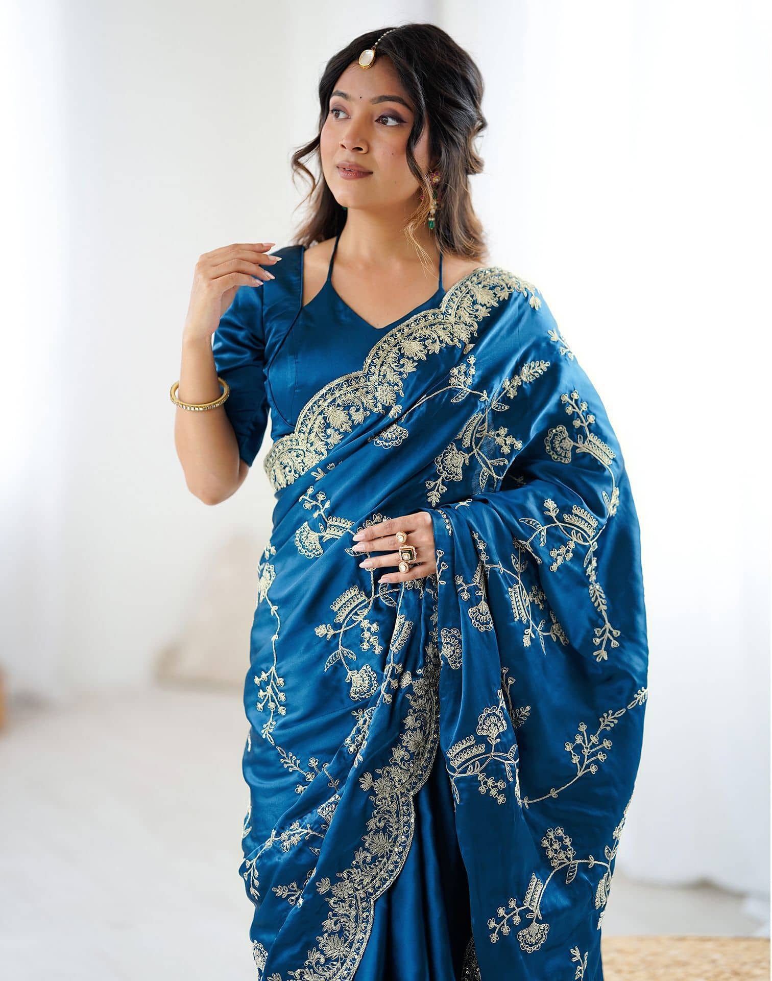 Samah Satin Embroidered Regular Saree With Unstitched Blouse Piece ( Blue ) - Sarees | Buy online on ZillyBuy