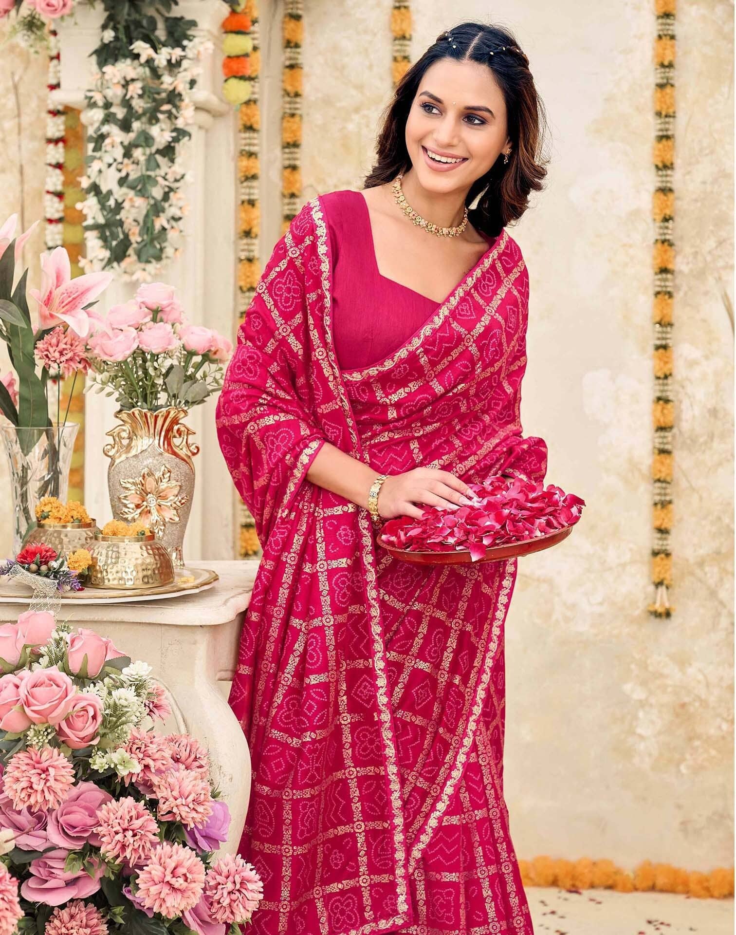 Samah Silk Blend Printed Regular Saree With Unstitched Blouse Piece ( Pink ) - Sarees | Buy online on ZillyBuy