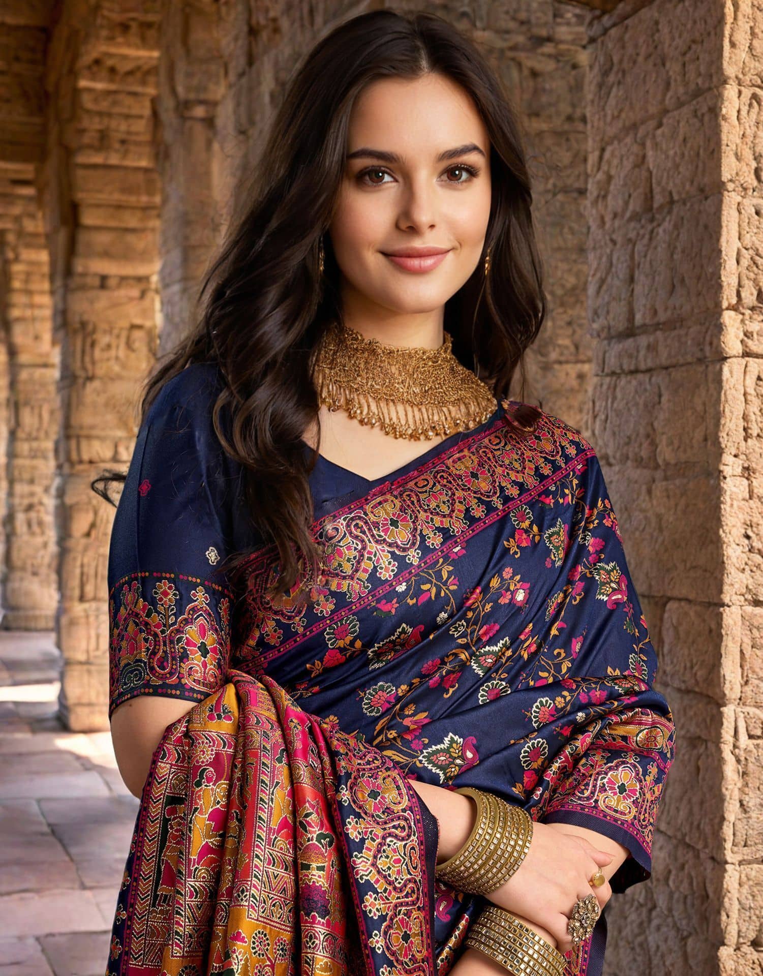 Samah Silk Woven Banarasi saree With Unstitched Blouse Piece ( Navy Blue ) - Sarees | Buy online on ZillyBuy