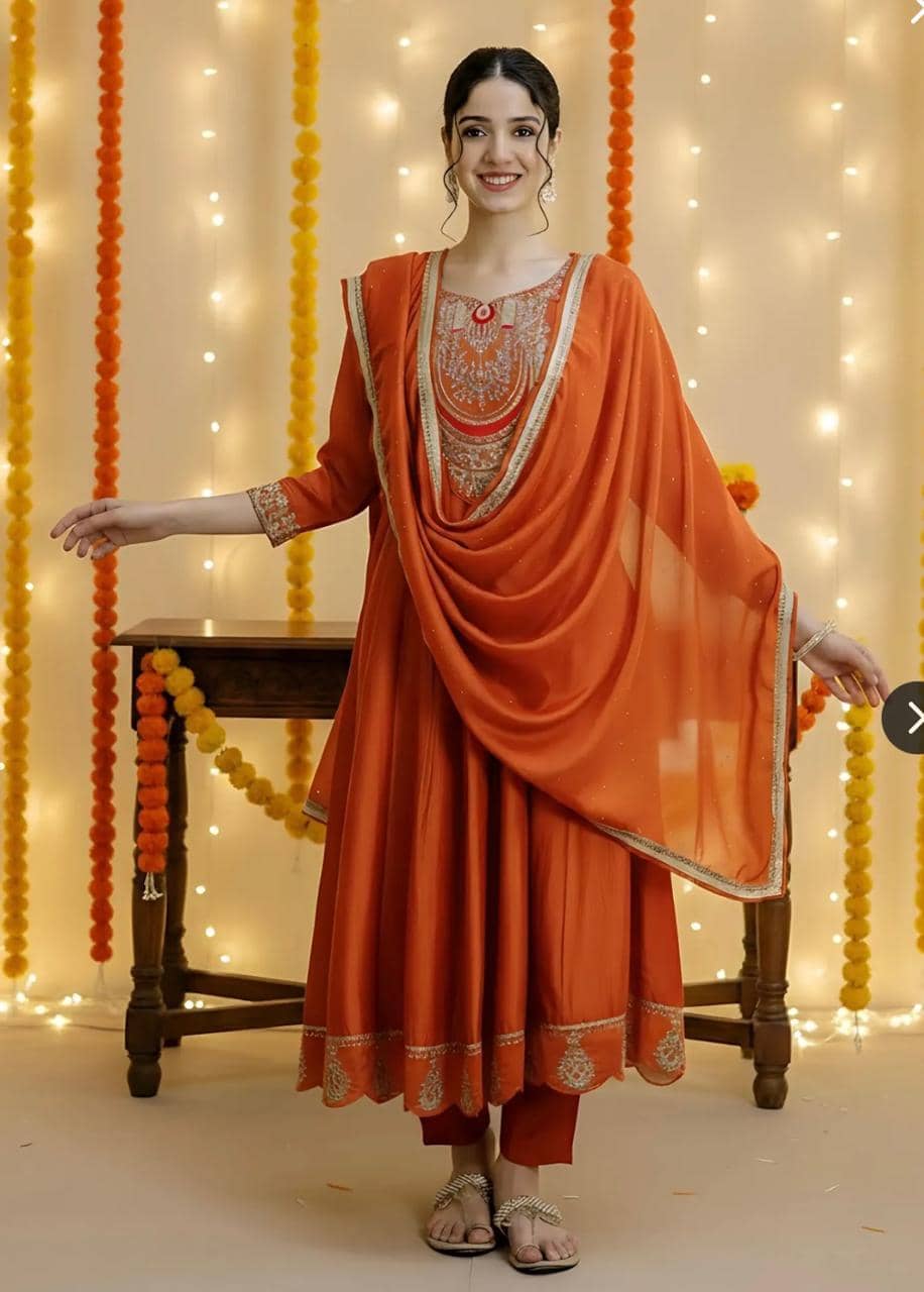 Mahek Fashion Women Silk Blend Embroidered Flared Kurti With Pants ( Rust )