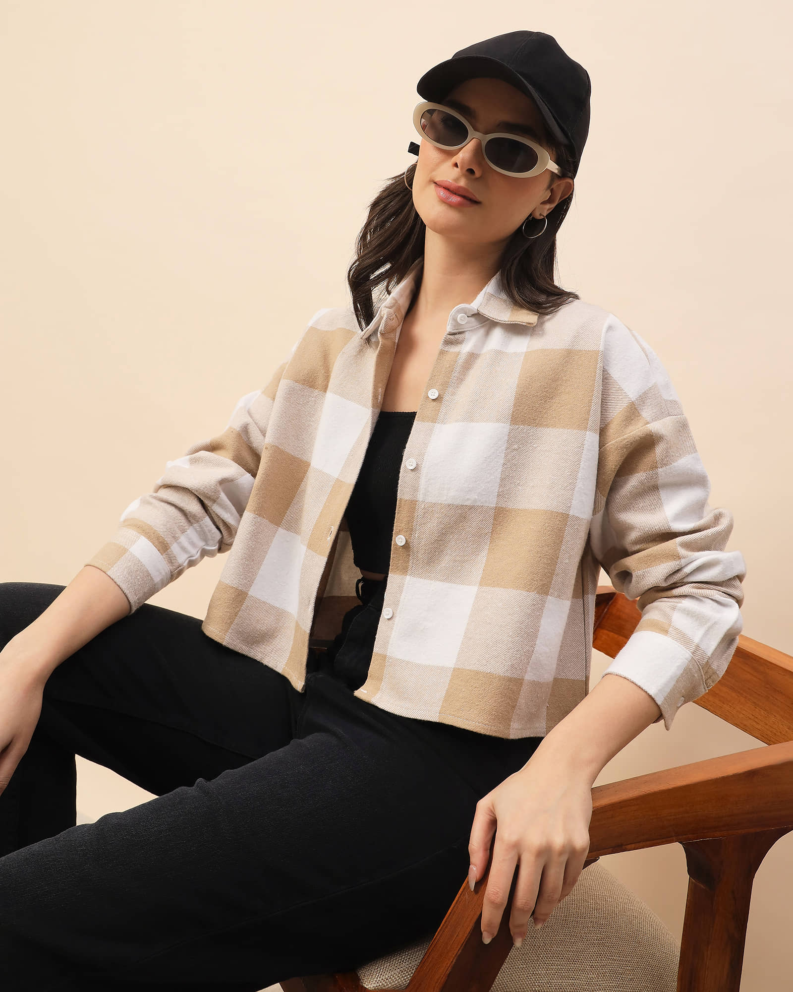 Chimpaaanzee Women Checked Cotton Shirt ( Beige )
