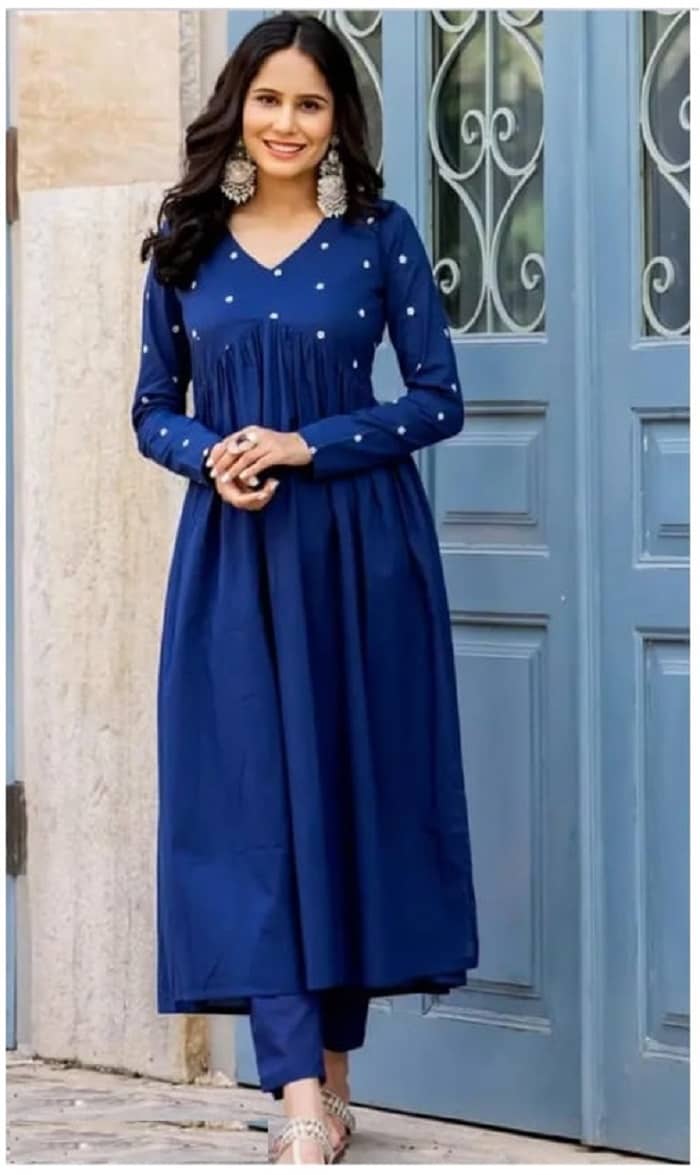 Gobya Women Rayon Embroidered A-line Kurti With Pants ( Blue )