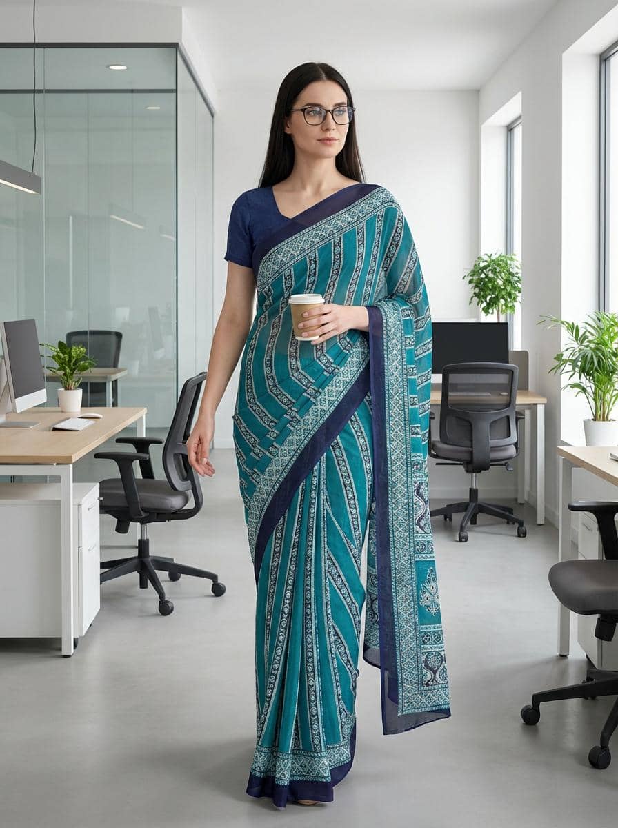 ANAND SAREES Georgette Printed Kasavu Saree With Unstitched Blouse Piece ( BLUE ) - Sarees | Buy online on ZillyBuy