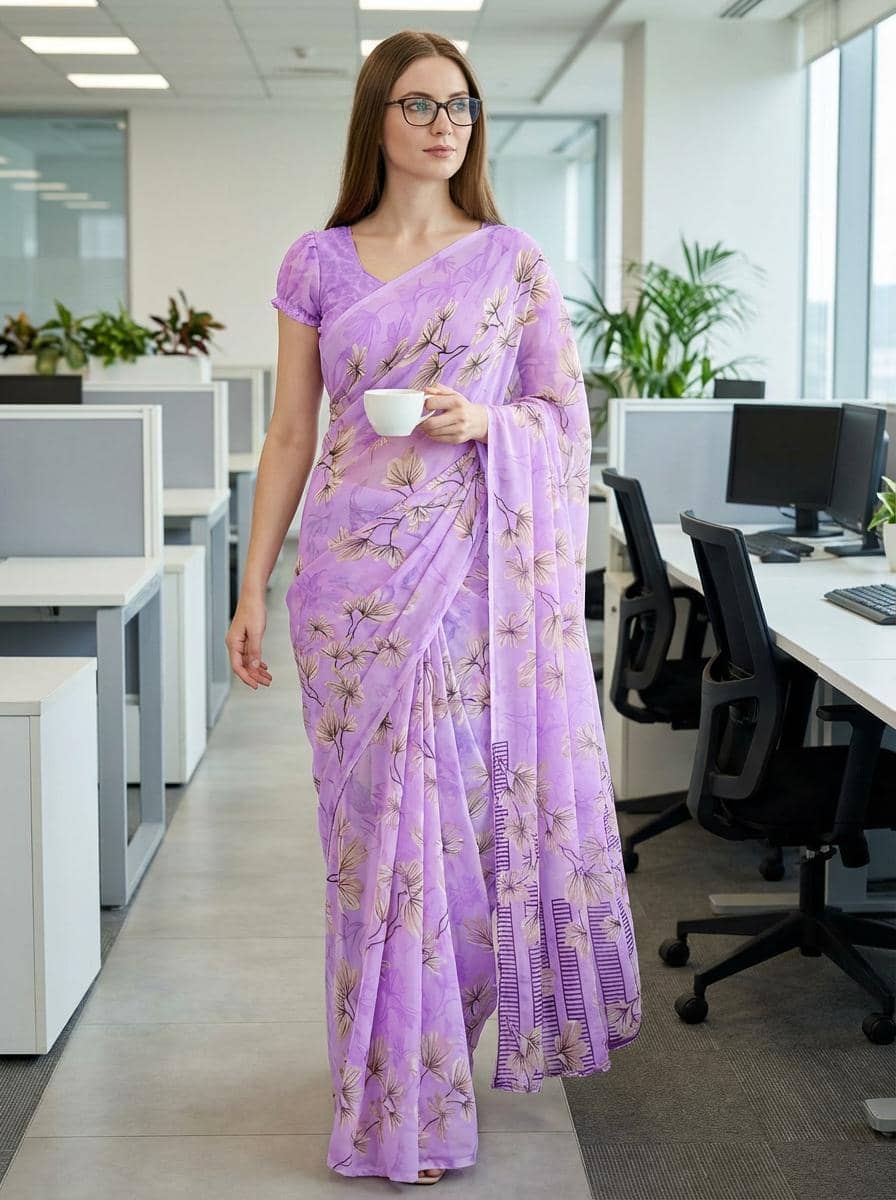 ANAND SAREES Georgette Printed Kasavu Saree With Unstitched Blouse Piece ( PURPLE ) - Sarees | Buy online on ZillyBuy