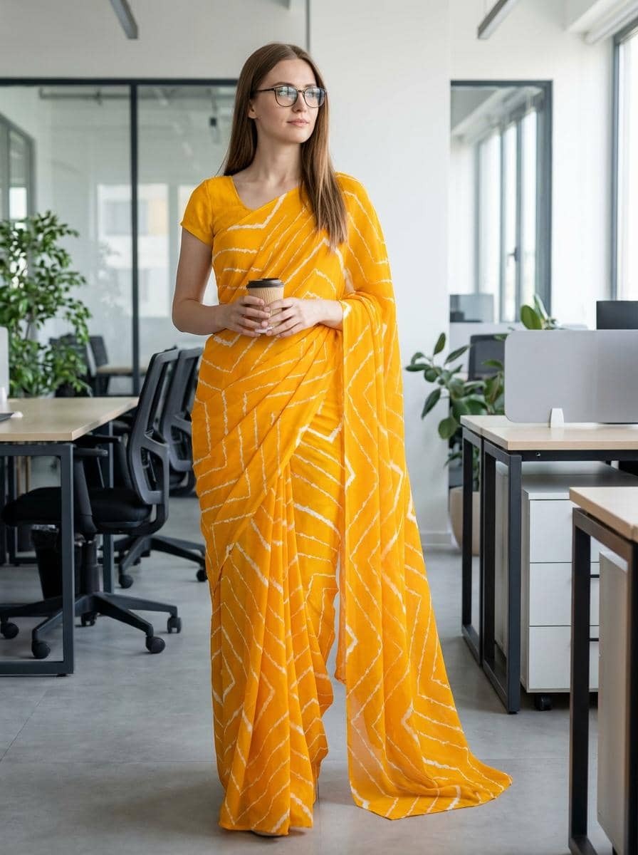 Kashvi Sarees Georgette Printed Kasavu Saree With Unstitched Blouse Piece ( YELLOW ) - Sarees | Buy online on ZillyBuy