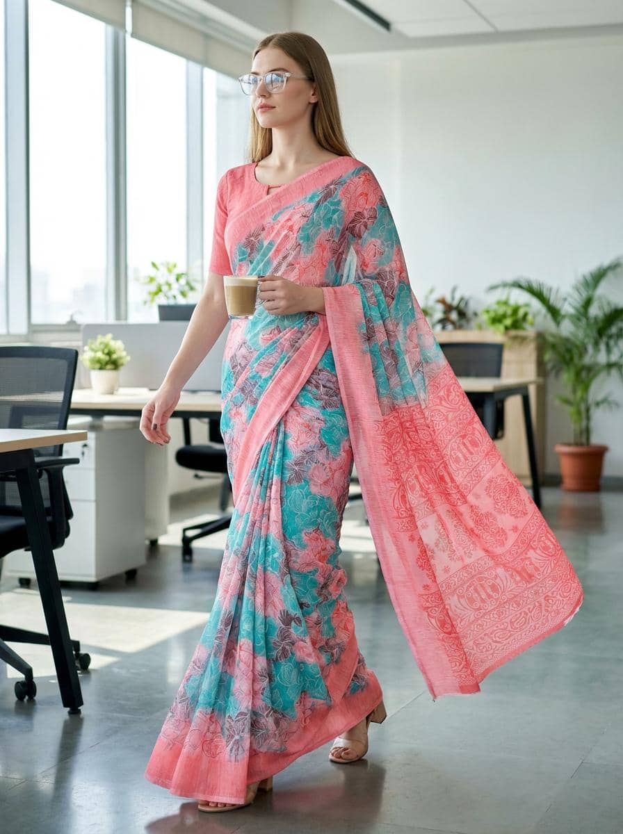 Kashvi Sarees Georgette Printed Kasavu Saree With Unstitched Blouse Piece ( PINK ) - Sarees | Buy online on ZillyBuy