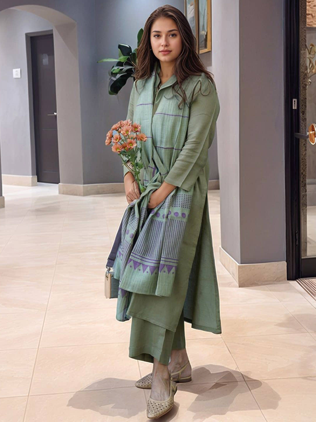 Lee Moda Women Rayon Solid A-line Kurti With Pants ( Green )