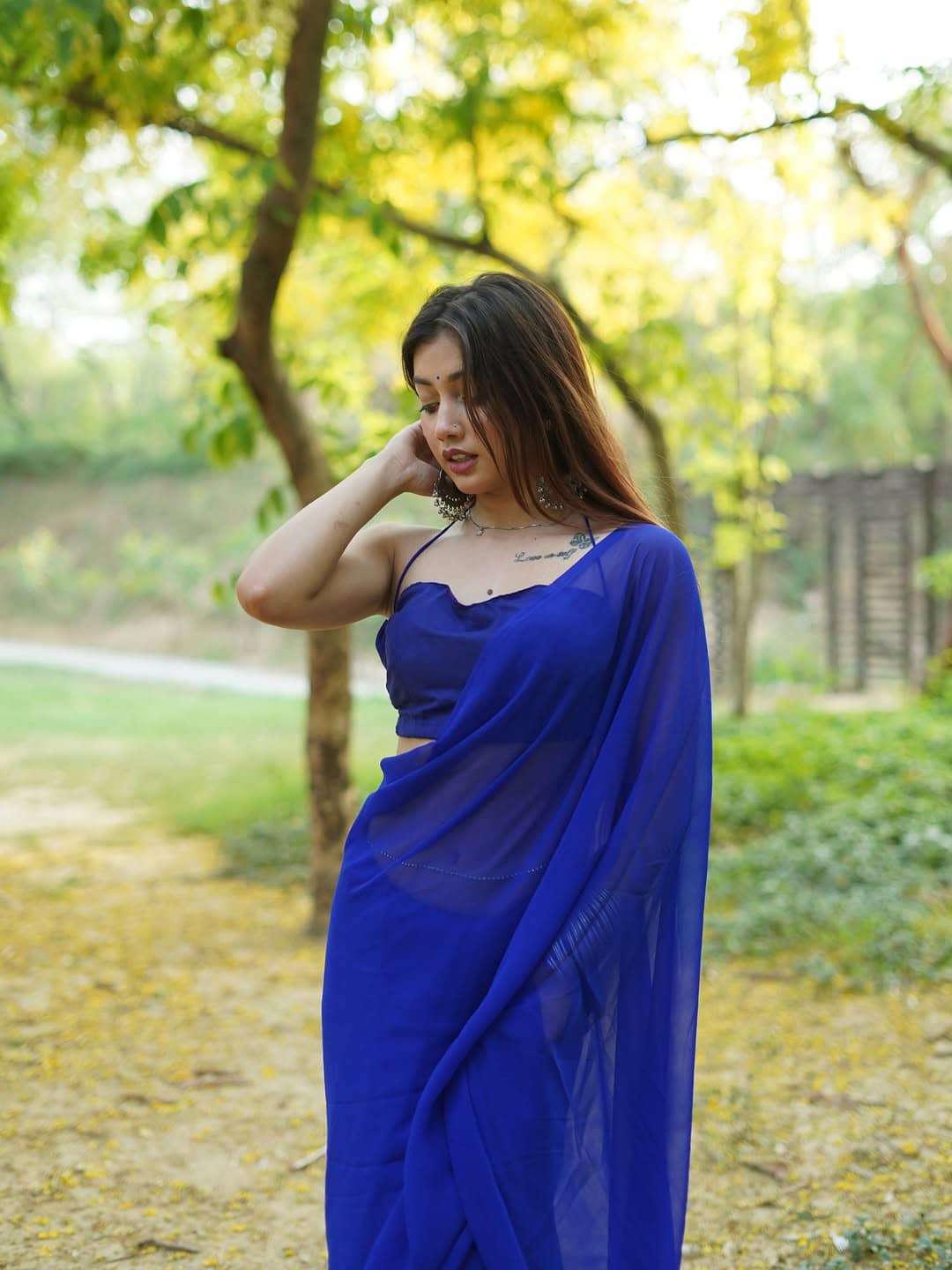 ANAND SAREES Georgette Printed Kasavu Saree With Unstitched Blouse Piece ( BLUE ) - Sarees | Buy online on ZillyBuy