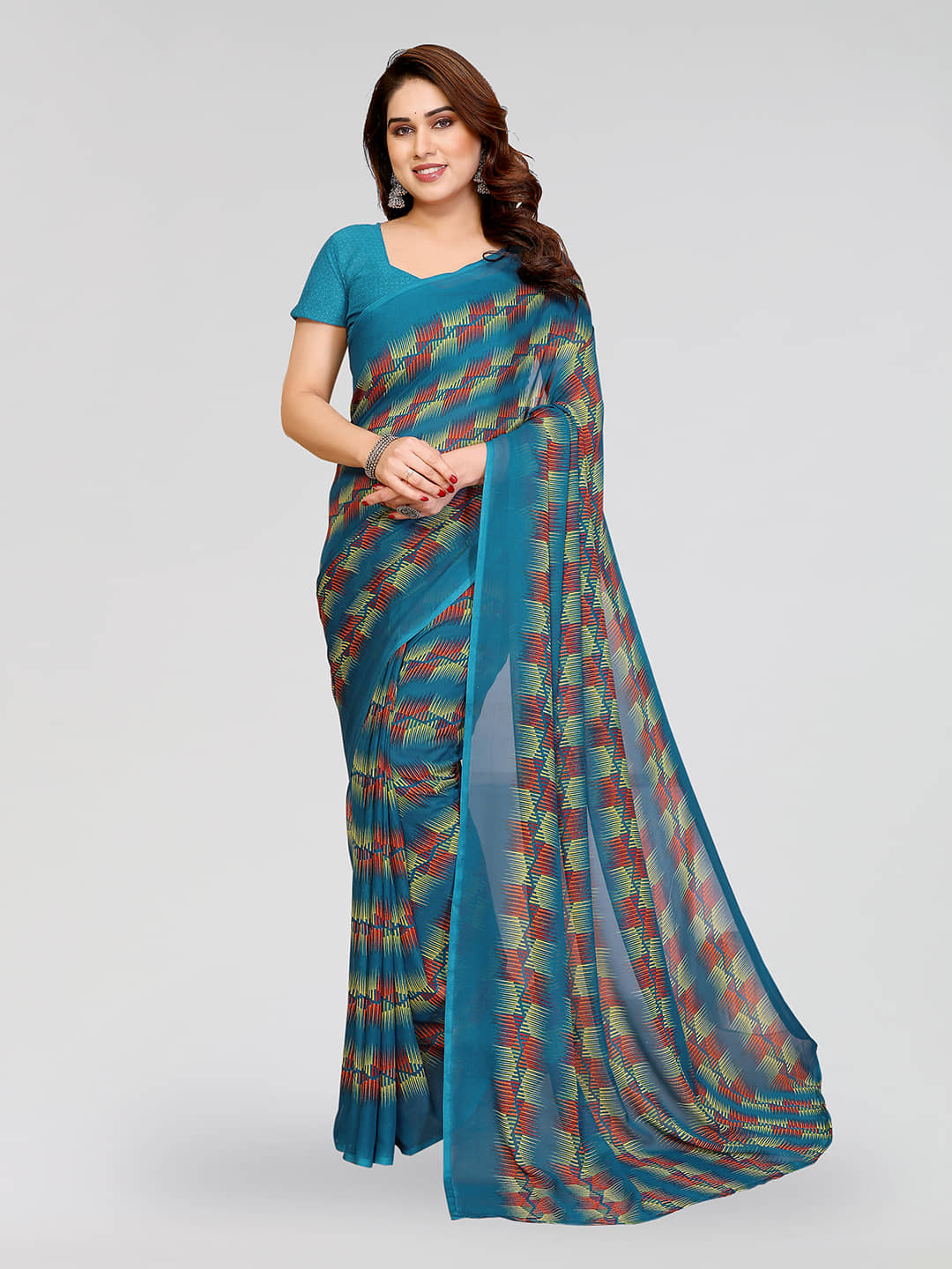 ANAND SAREES Georgette Printed Kasavu Saree With Unstitched Blouse Piece ( RAMA ) - Sarees | Buy online on ZillyBuy