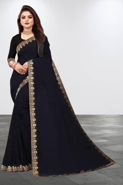 JILUDI Georgette Solid Regular Saree With Unstitched Blouse Piece ( Black ) - Sarees | Buy online on ZillyBuy