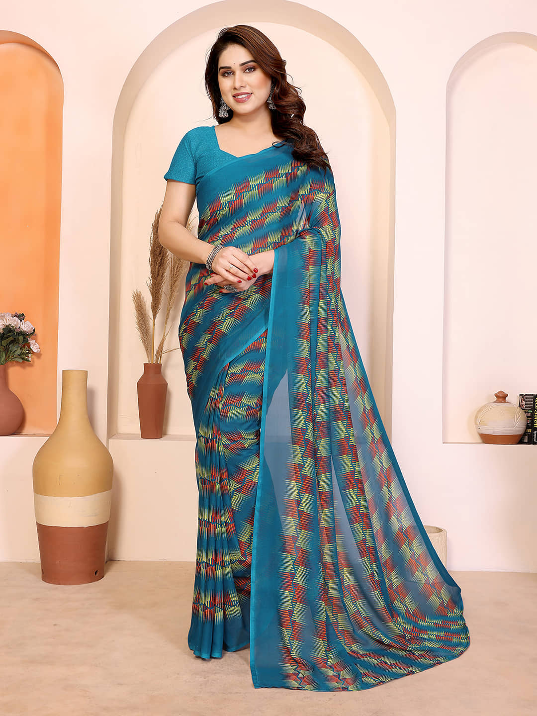 Kashvi Sarees Georgette Printed Kasavu Saree With Unstitched Blouse Piece ( GREEN ) - Sarees | Buy online on ZillyBuy