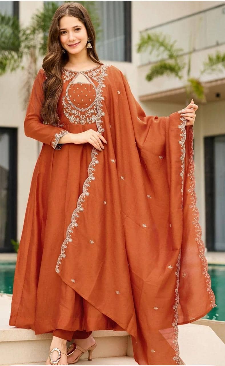 Mahek Fashion Women Silk Blend Embroidered Anarkali Kurti With Pants ( Rust )
