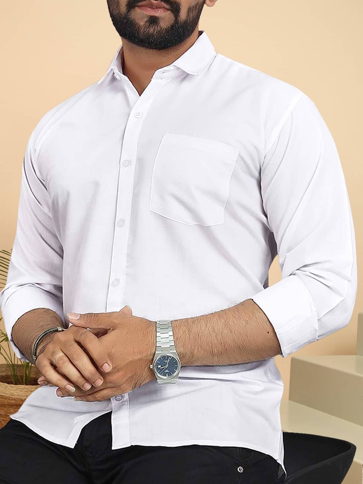ALY JH0N 100% Cotton Regular Fit Solids Full Sleeves Men's Casual Shirt - White ( Pack of 1 )