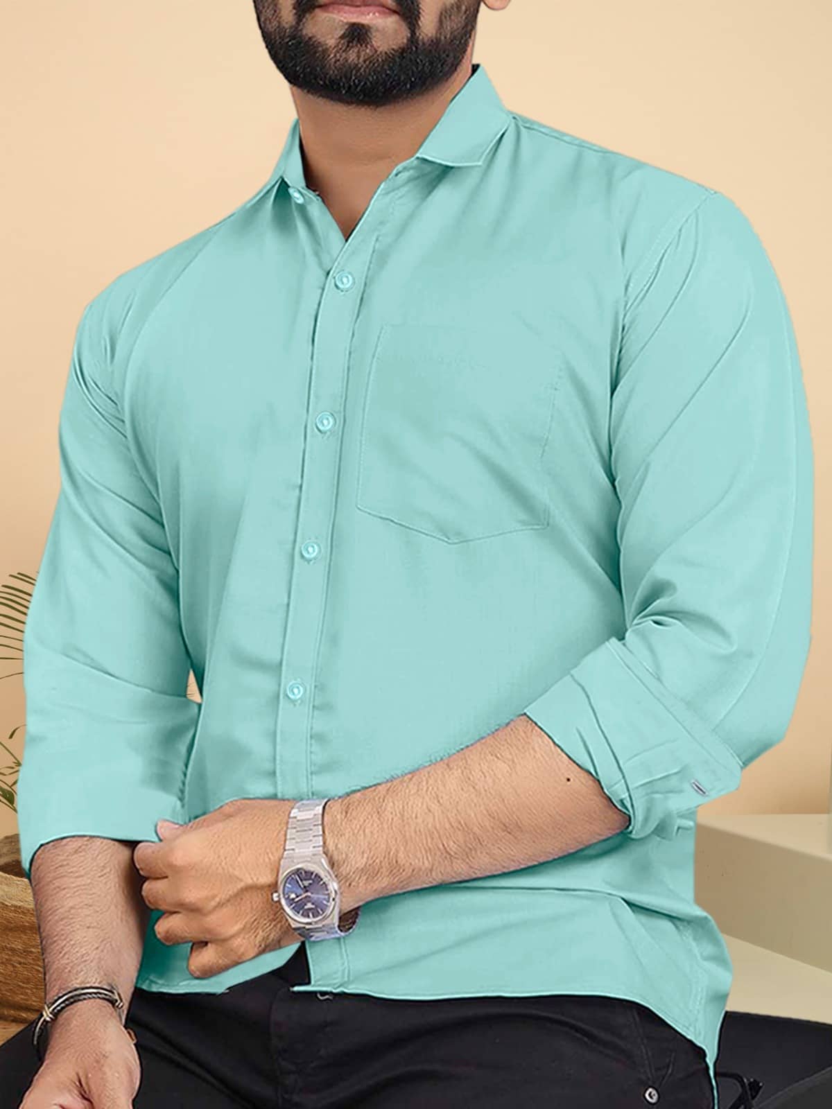 ALY JH0N 100% Cotton Regular Fit Solids Full Sleeves Men's Casual Shirt - Teal ( Pack of 1 )
