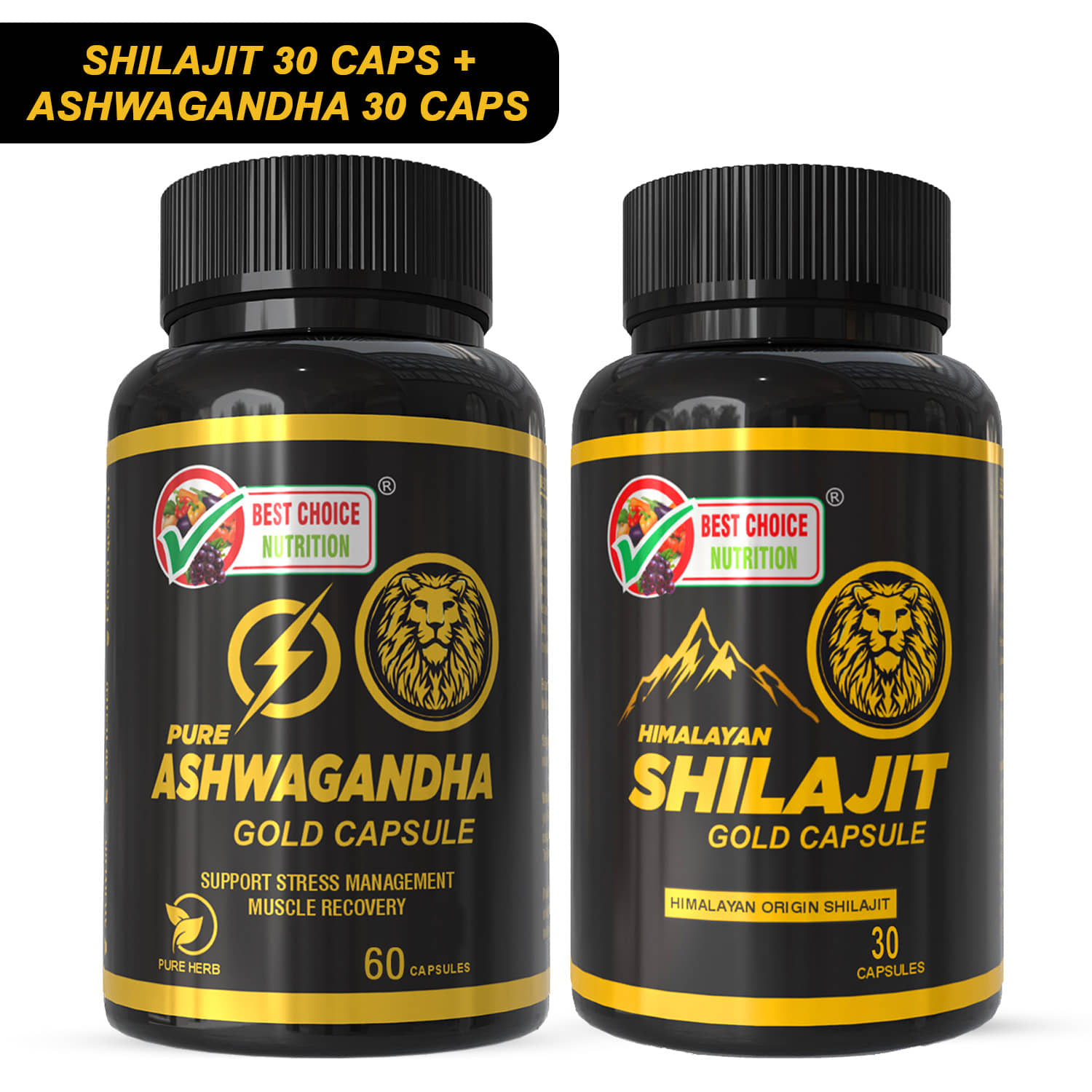 Best Choice Nutrition Shilajit Gold Capsules 30 + Ashwagandha Gold Capsules 60 | Energy, Strength, Stress Relief & Stamina Booster Combo