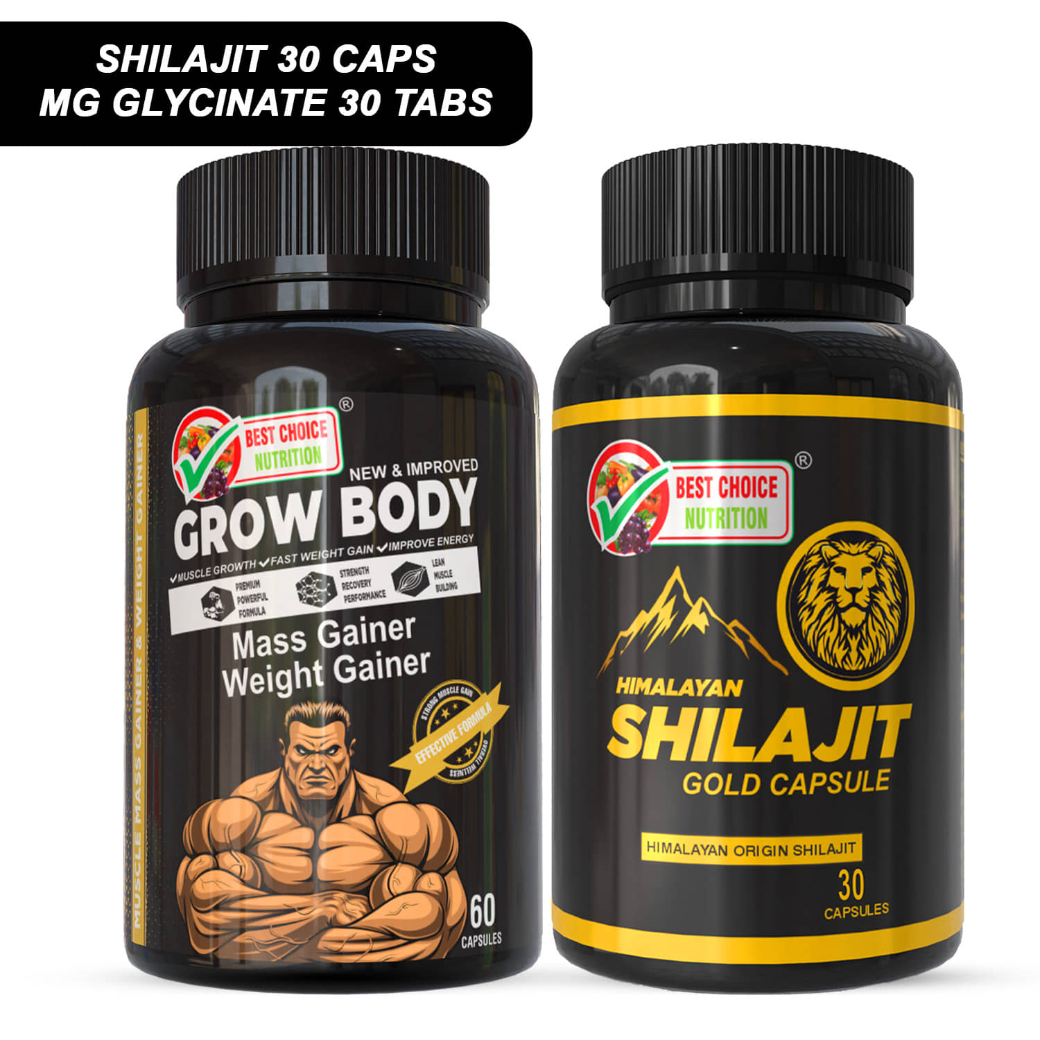 Best Choice Nutrition Shilajit Gold Capsules 30 + Grow Body Mass Gainer Capsules 60 | Weight Gain, Muscle Growth, Energy & Strength Booster Combo