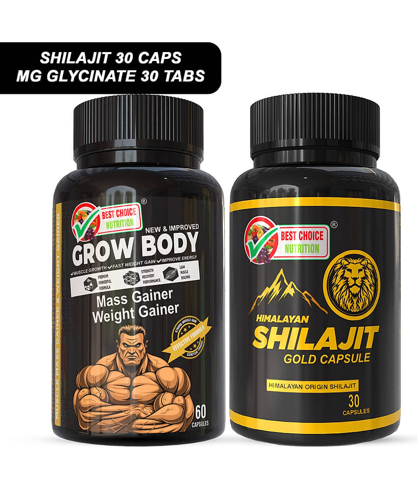 Best Choice Nutrition Shilajit Gold Capsules 30 + Grow Body Mass Gainer Capsules 60 | Weight Gain, Muscle Growth, Energy & Strength Booster Combo