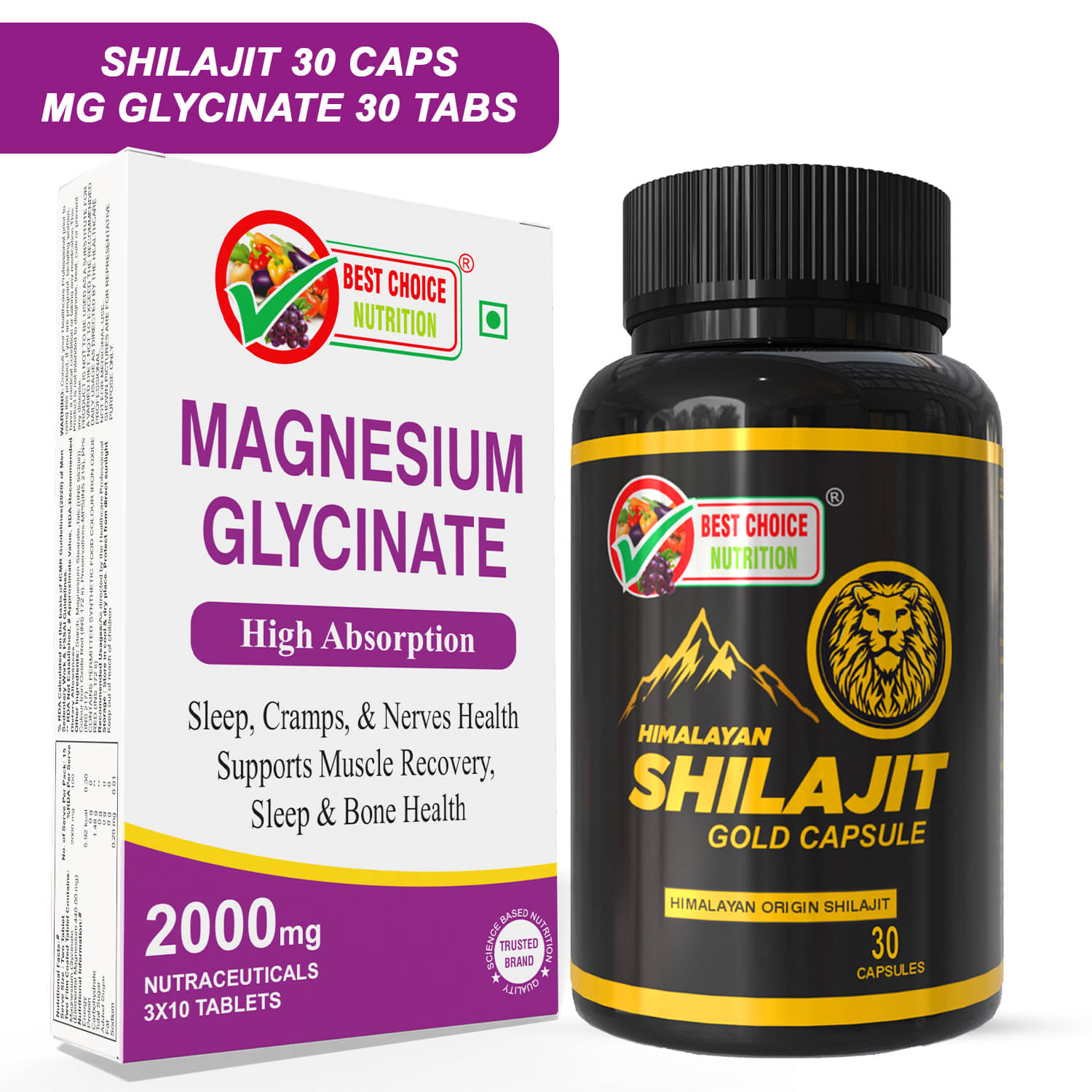 Best Choice Nutrition Shilajit Gold Capsules 30 + Magnesium Glycinate Tablets 30 | Energy, Sleep, Muscle Recovery & Nerve Health Combo