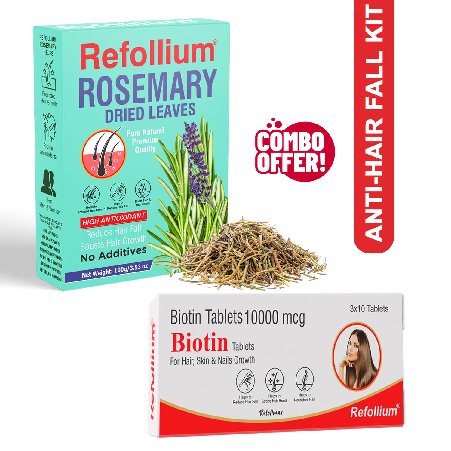 Refollium Biotin 30 Tabs with Rosemary Leaves 100g Combo | Hair Growth & Hair Fall Control | For Hair Oil, Serum & Rosemary Water