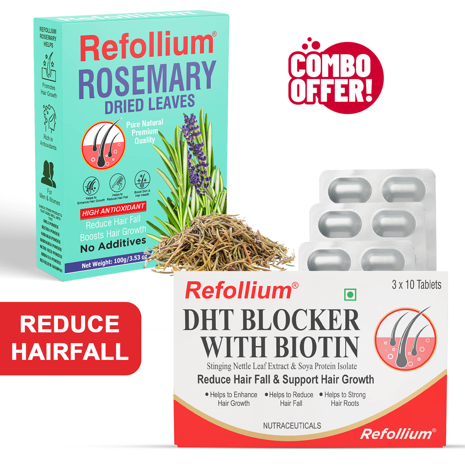 Refollium DHT Blocker 30Tabs with Rosemary Leaves 100g Combo | Hair Growth & Hair Fall Control | For Scalp Care & Hair Nourishment