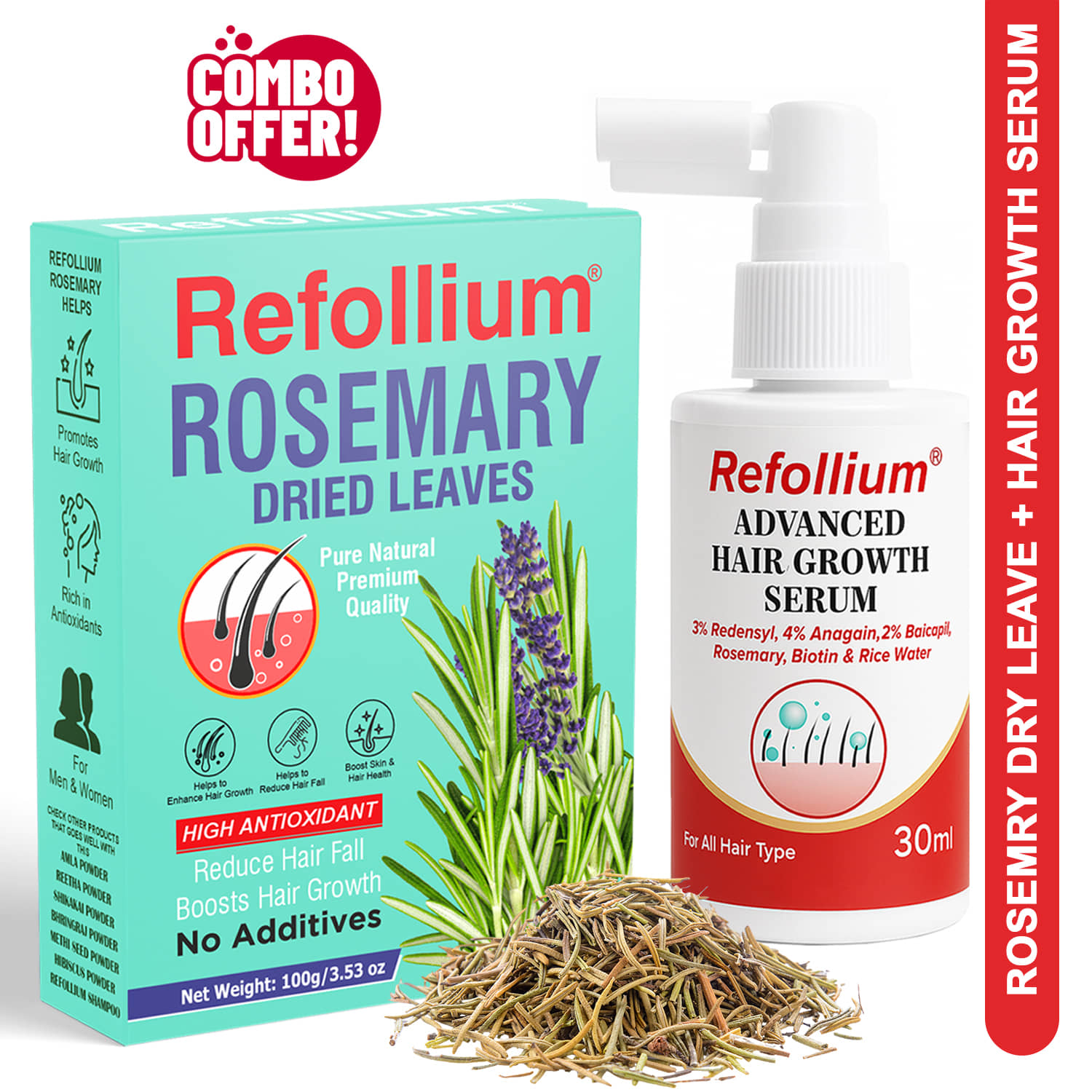 Refollium Hair Serum 30ml with Rosemary Leaves 100g Combo | Hair Growth & Hair Fall Control | For Scalp Care & Hair Nourishment